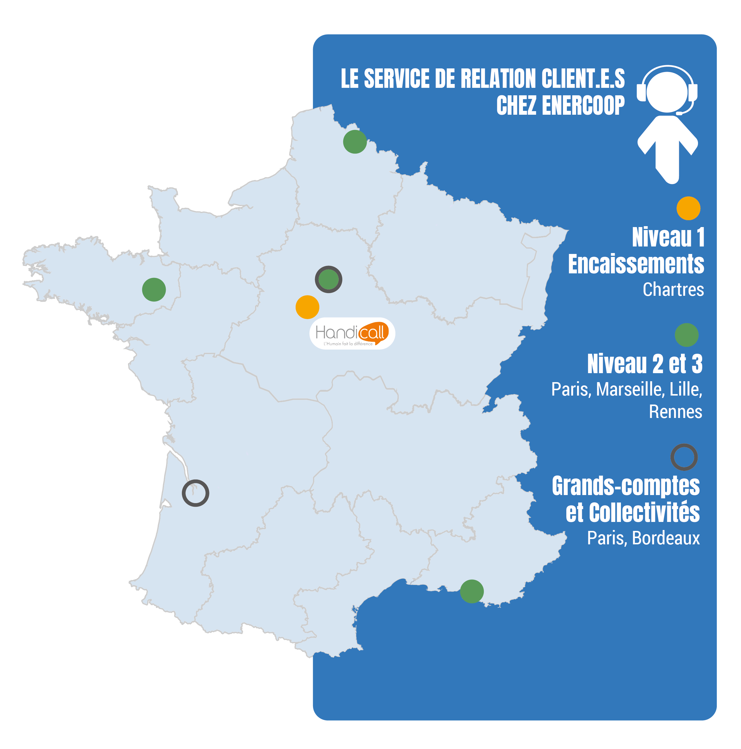 Carte de France avec les lieux d'implantations de nos chargé⋅es de clientèle