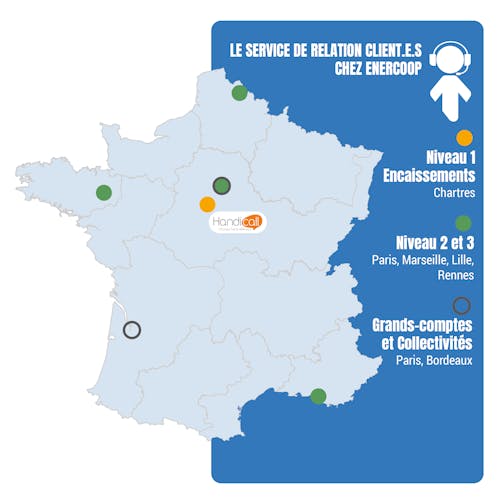Carte de France avec les lieux d'implantations de nos chargé⋅es de clientèle