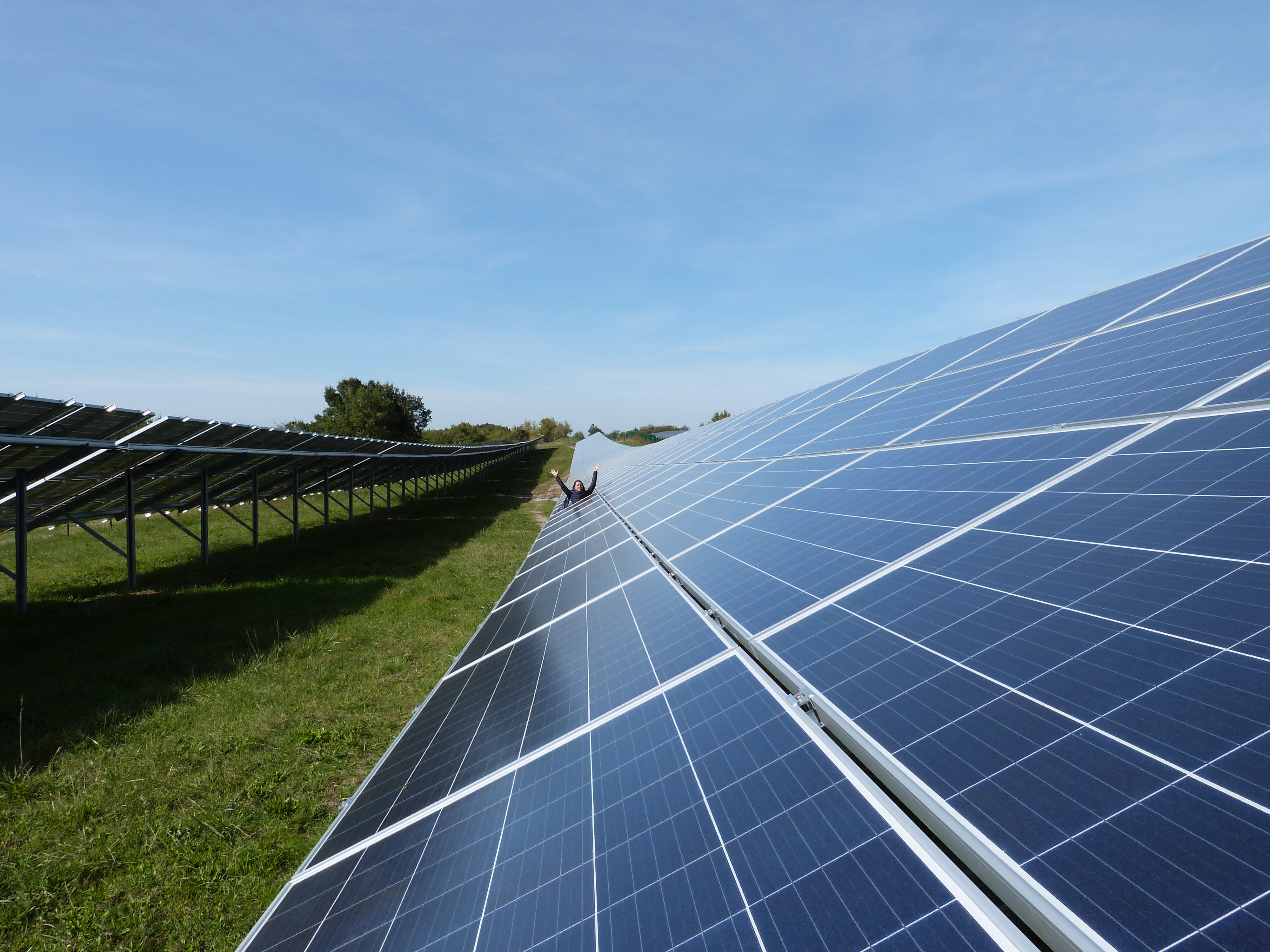 Une personne levant les bras au parc solaire de Pousse-Pisse à Carlus-Le Séquestre / Enercoop Midi-Pyrénées