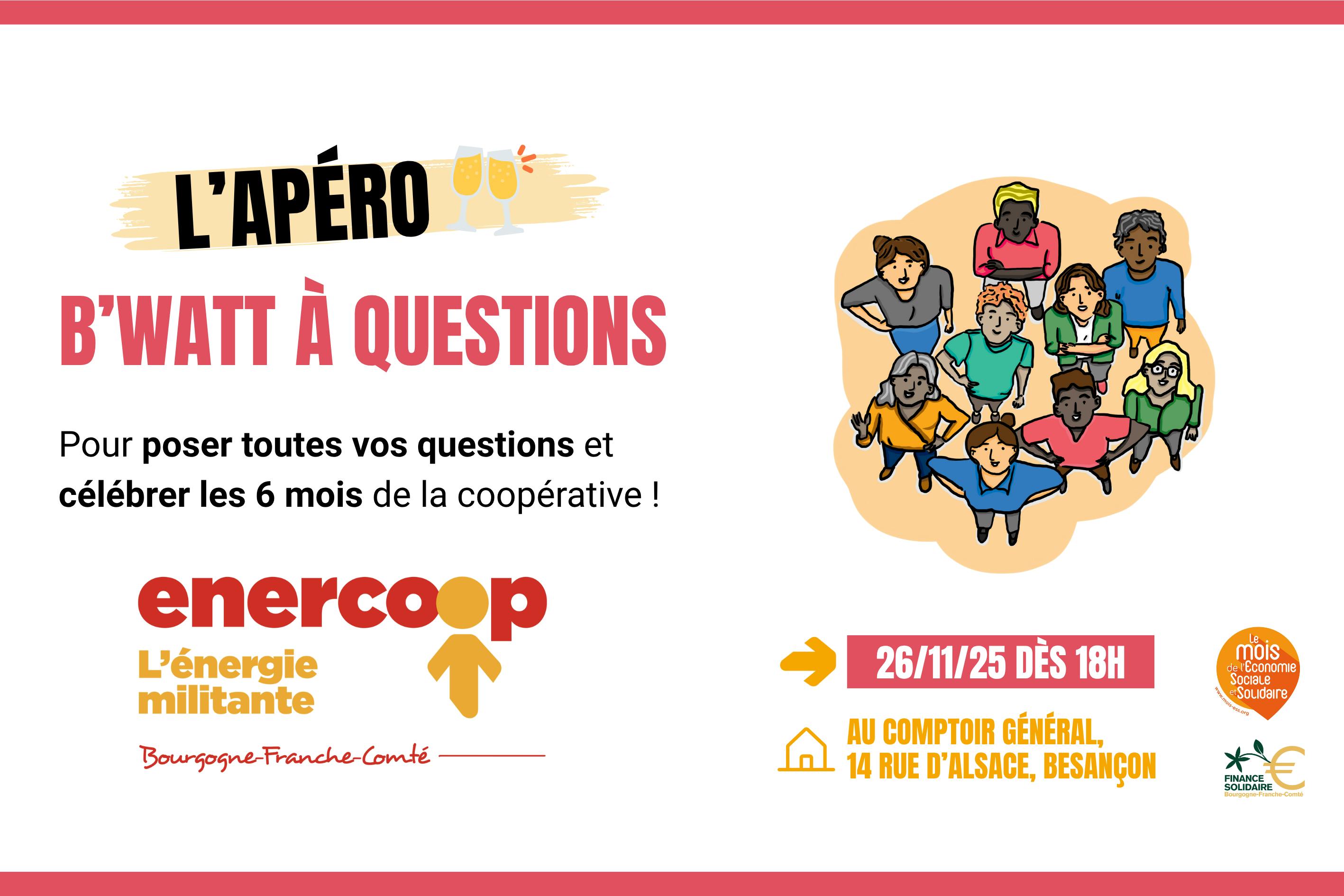 Affiche présentant l'événement du 26 novembre 2025 au comptoir général à Besançon : la b'watt à questions pour poser vos questions à Enercoop BFC