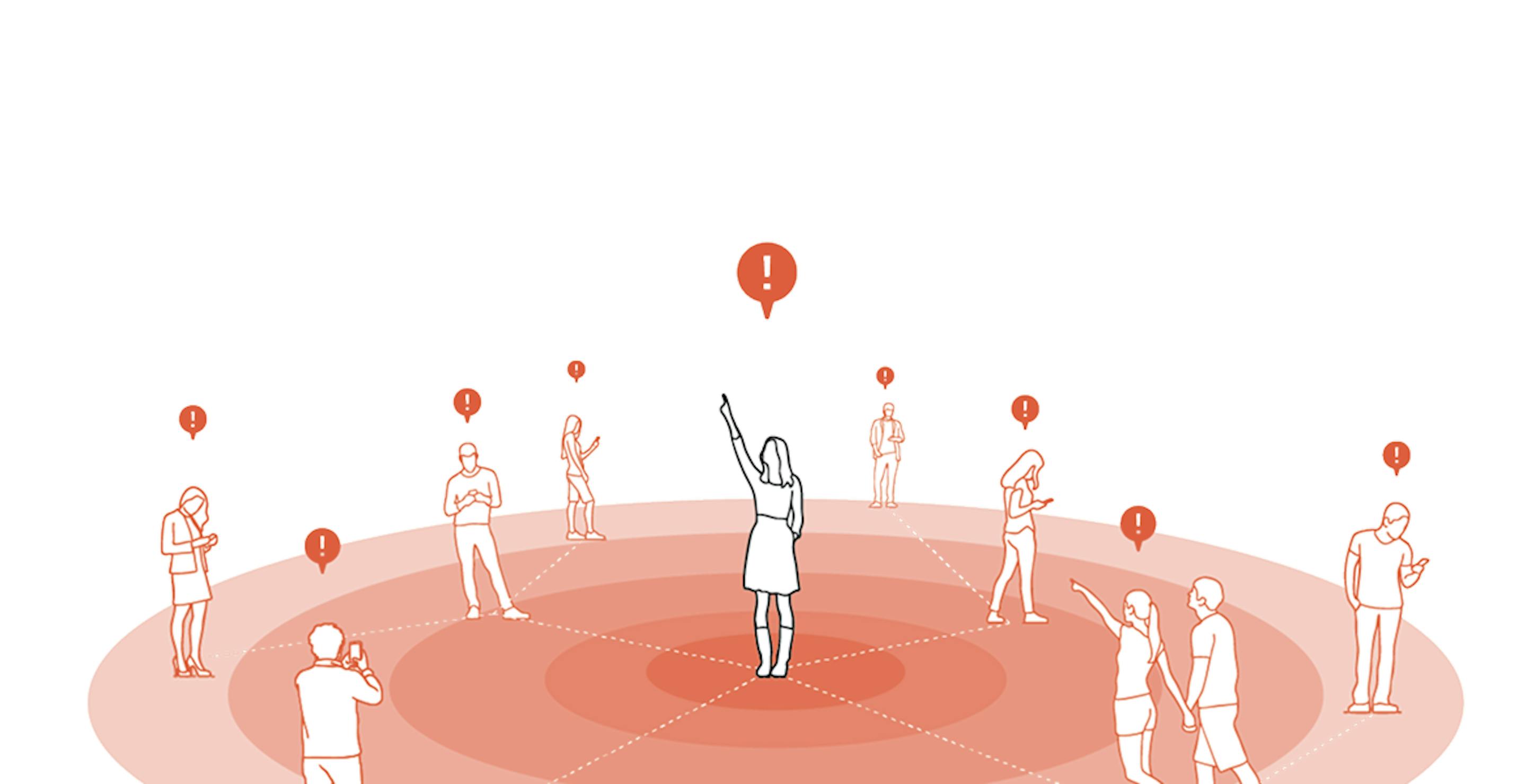 Illustration of multiple people within a circular alert radius, with one central sighting triggering alerts to nearby users.