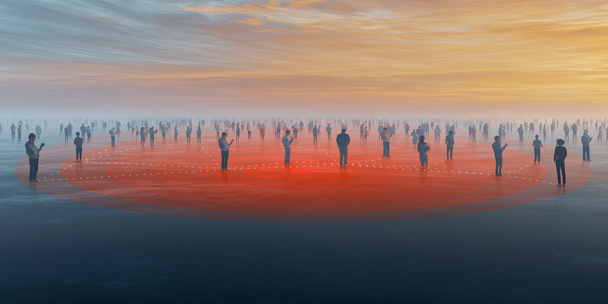 Illustration of multiple people within a circular alert radius, with one central sighting triggering alerts to nearby users.