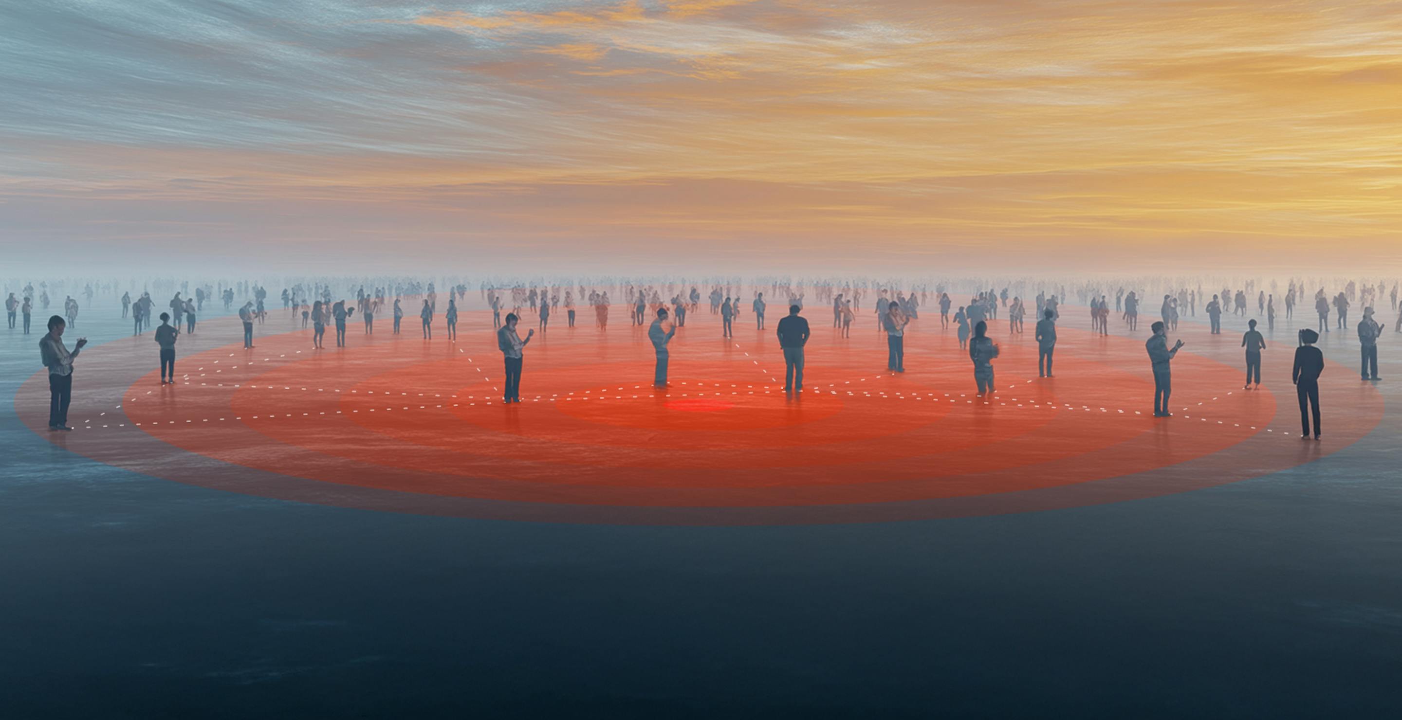 Illustration of multiple people within a circular alert radius, with one central sighting triggering alerts to nearby users.