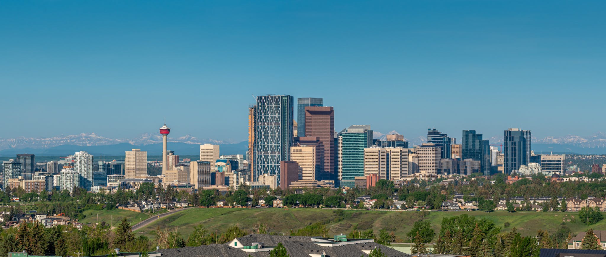 Calgary's skyline with houses in the foreground