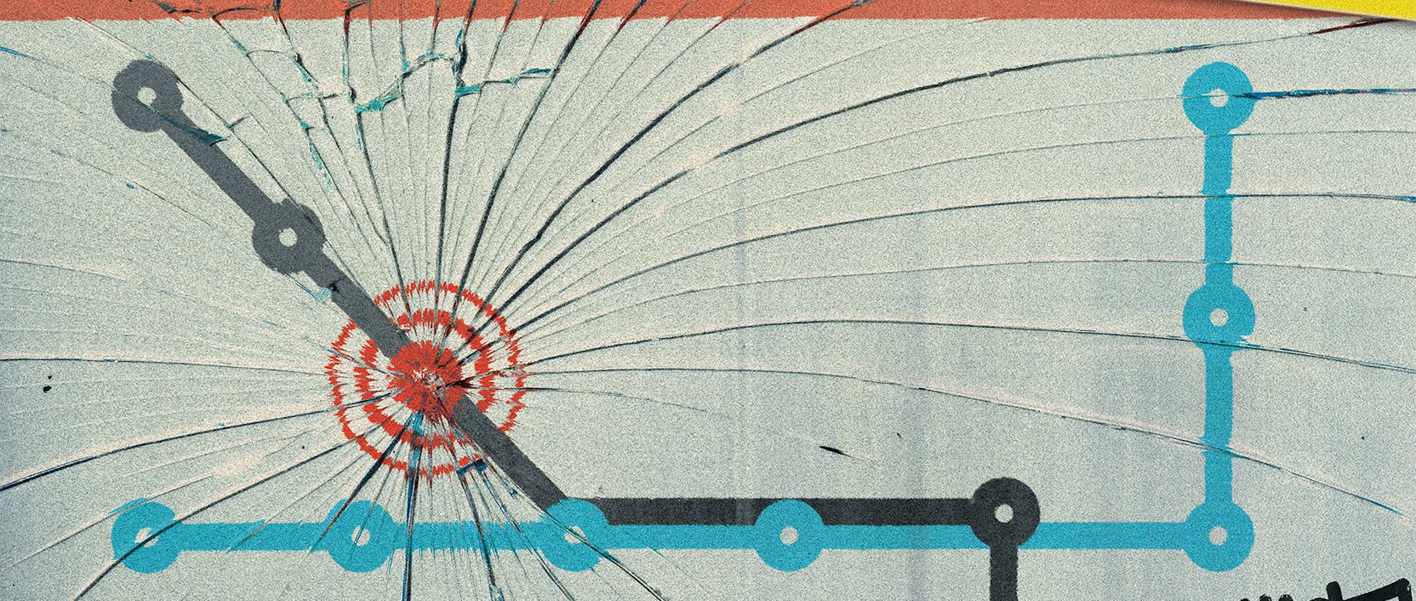 A broken window with a transit map overlayed
