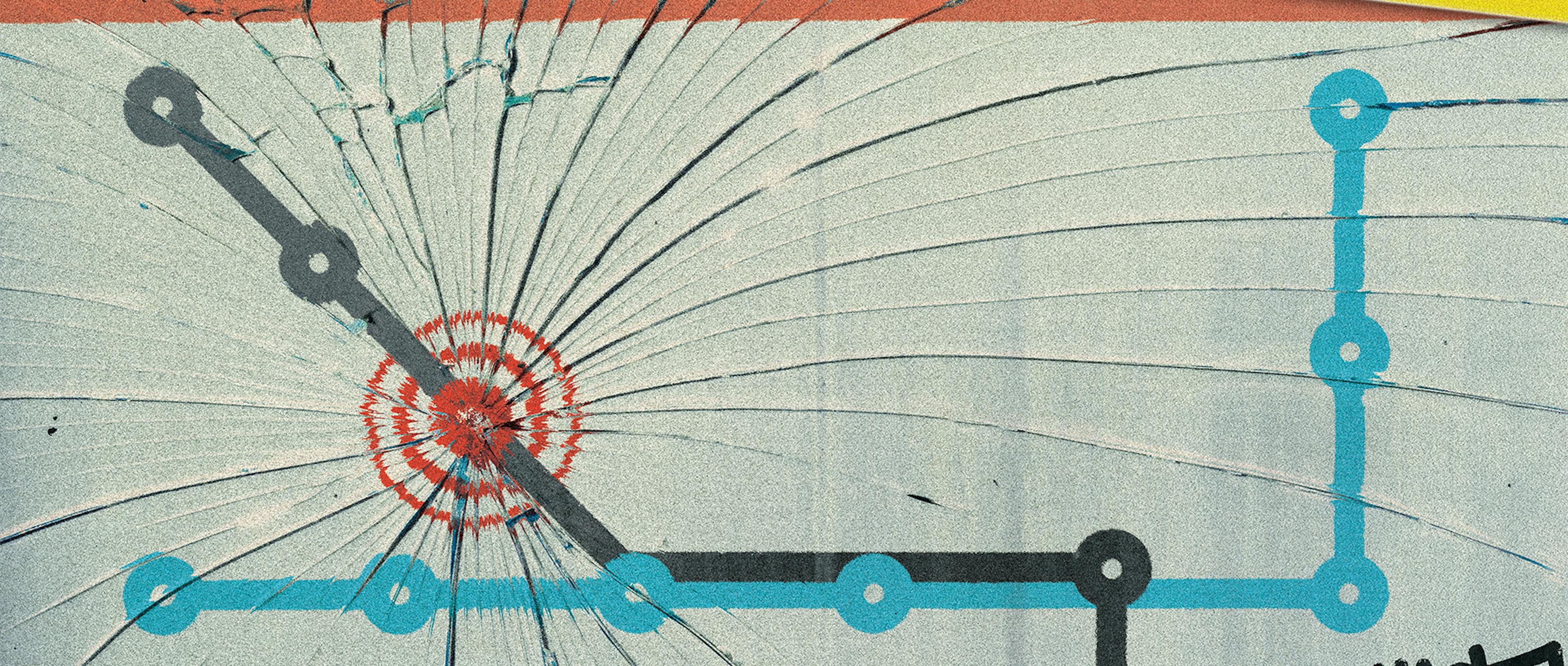 A broken window with a transit map overlayed