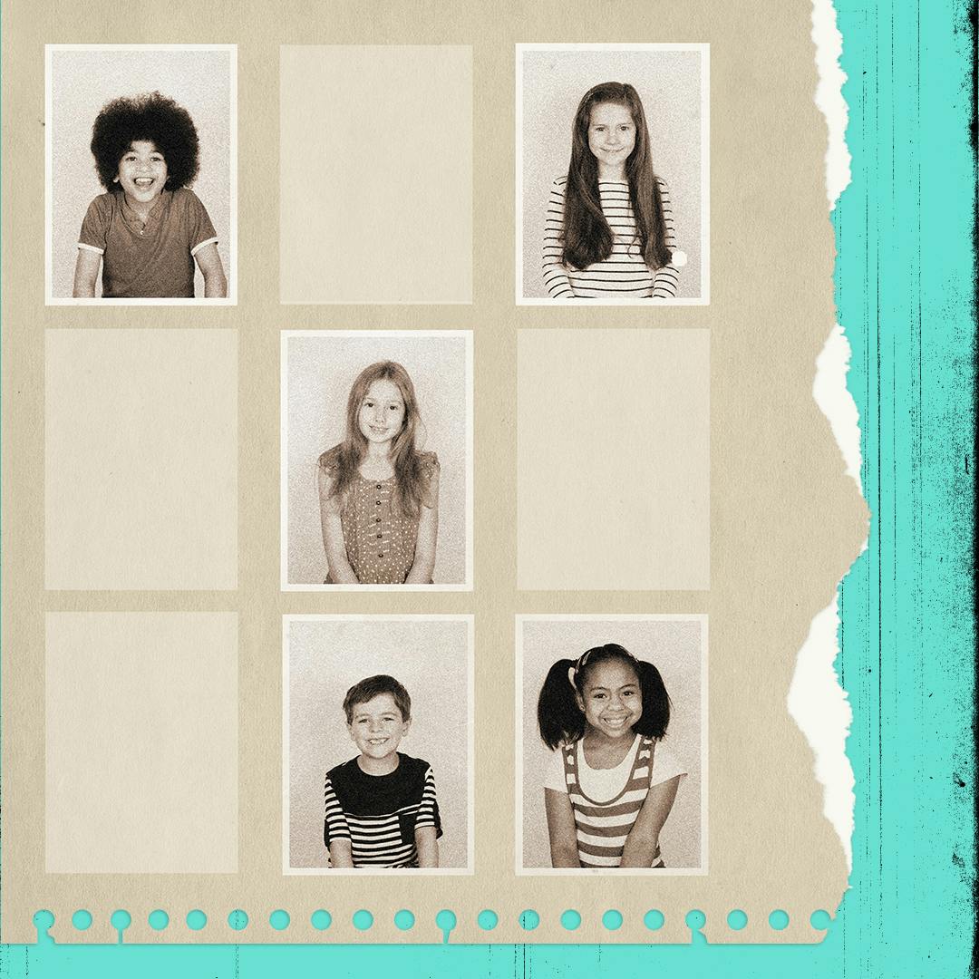 class photos of smiling children in sepia tone on a ripped paper background