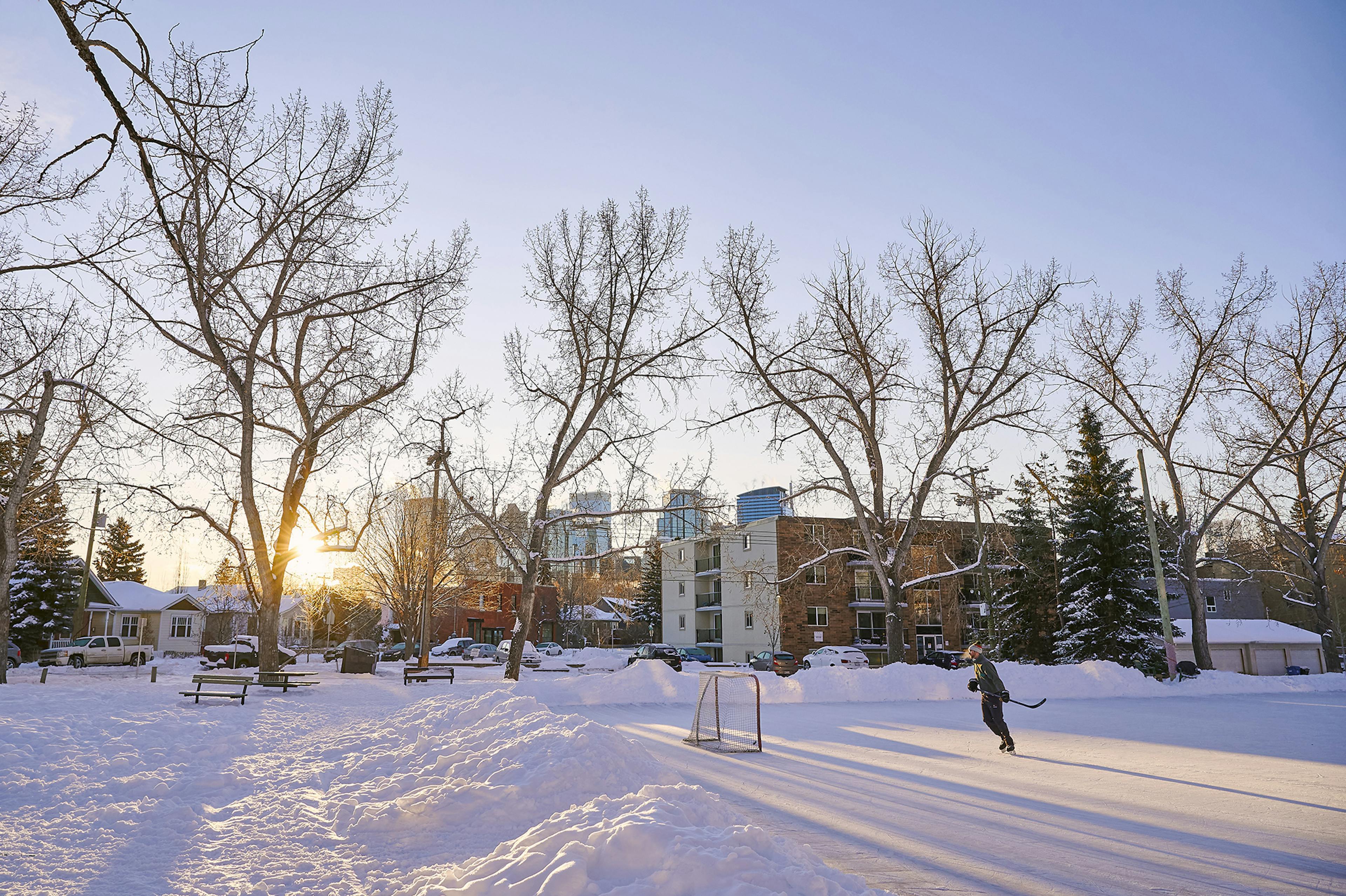 Snowy Calgary neighbourhood with skating rink