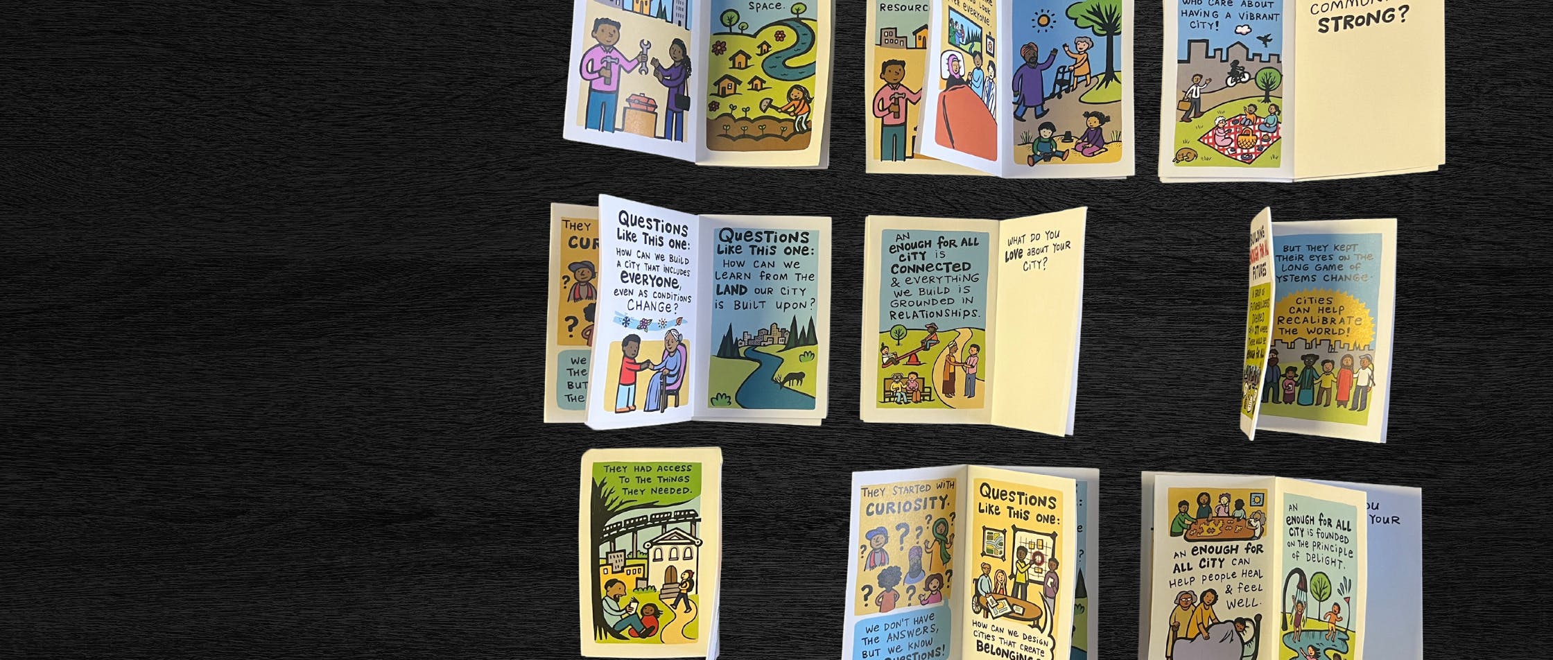 9 zines on a black background
