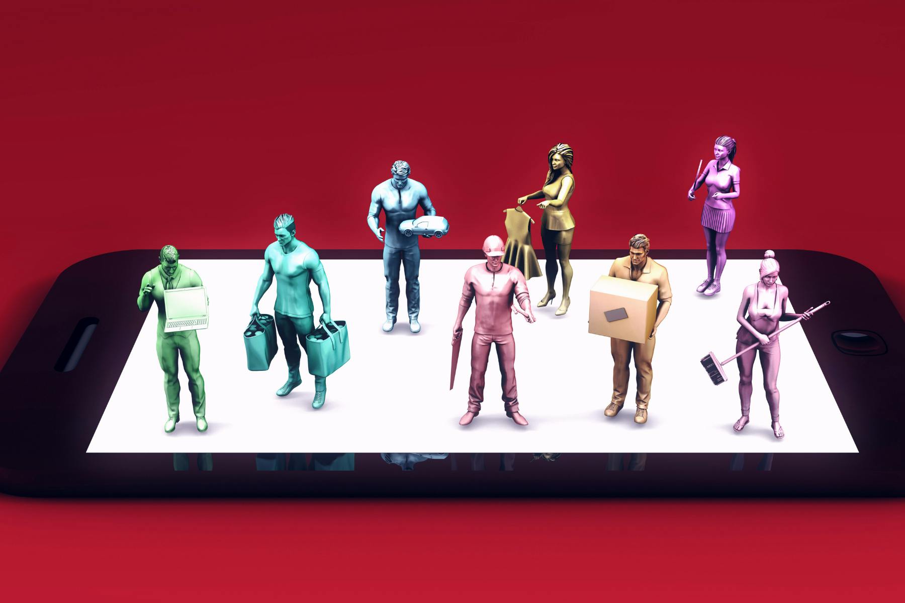 Miniature figures of gig workers standing on a tablet. 