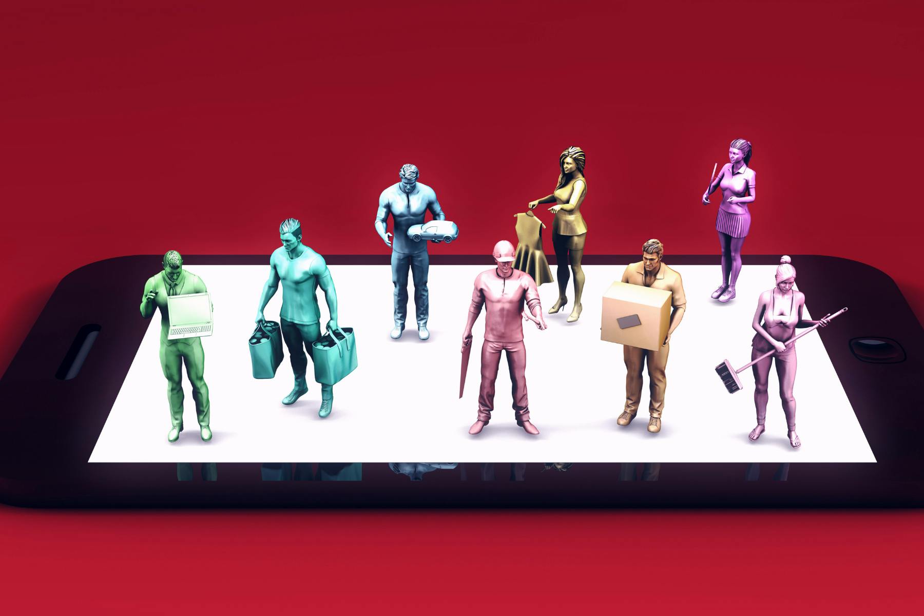 Miniature figures of gig workers standing on a tablet.