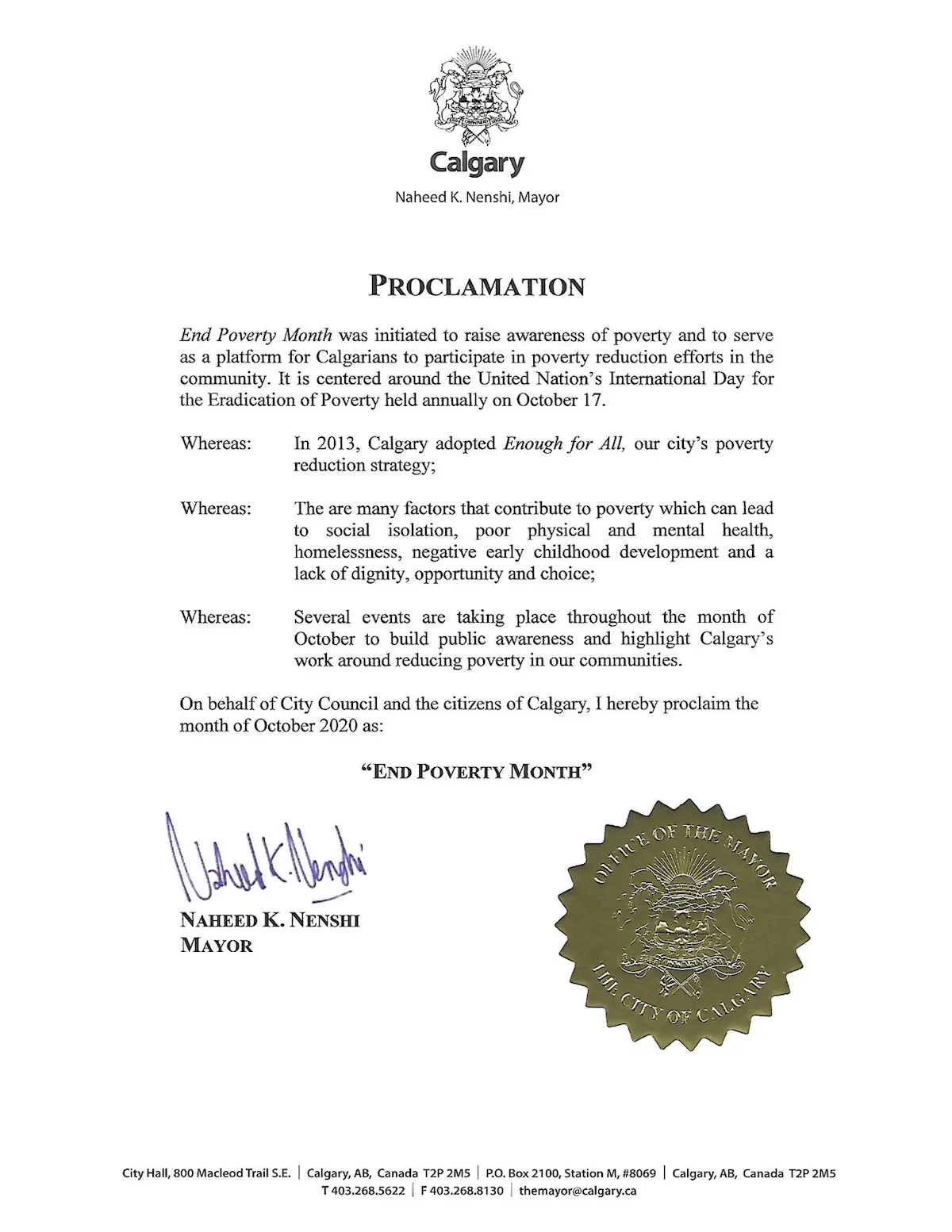 Nenshi 2020 Poverty Proclamation