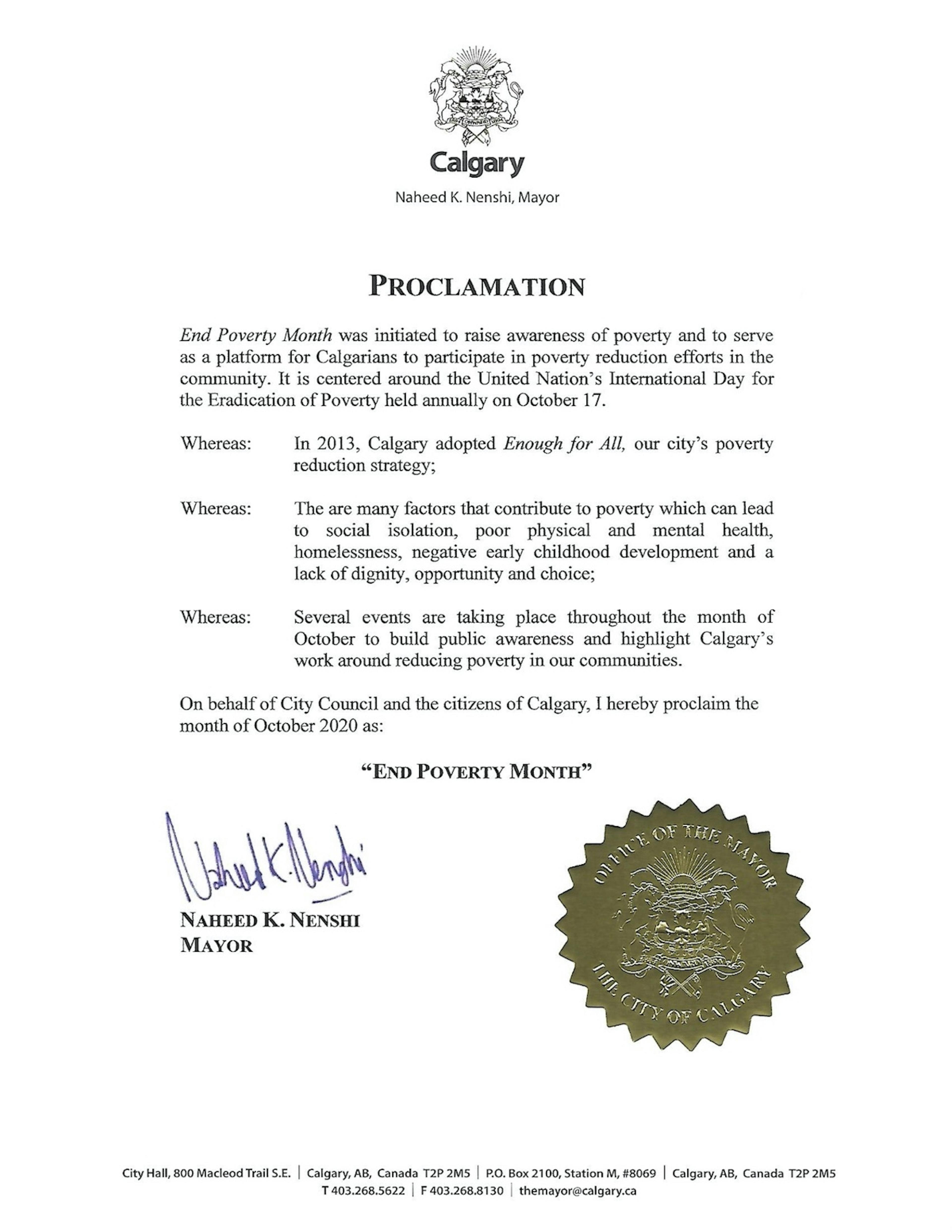 Nenshi 2020 Poverty Proclamation