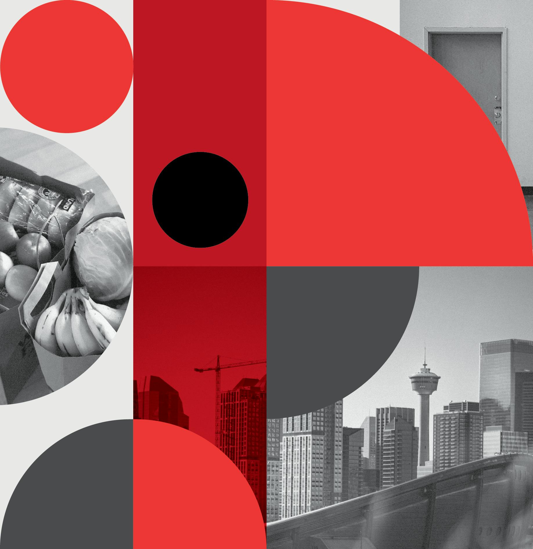 Collage with groceries and a city of Calgary skyline