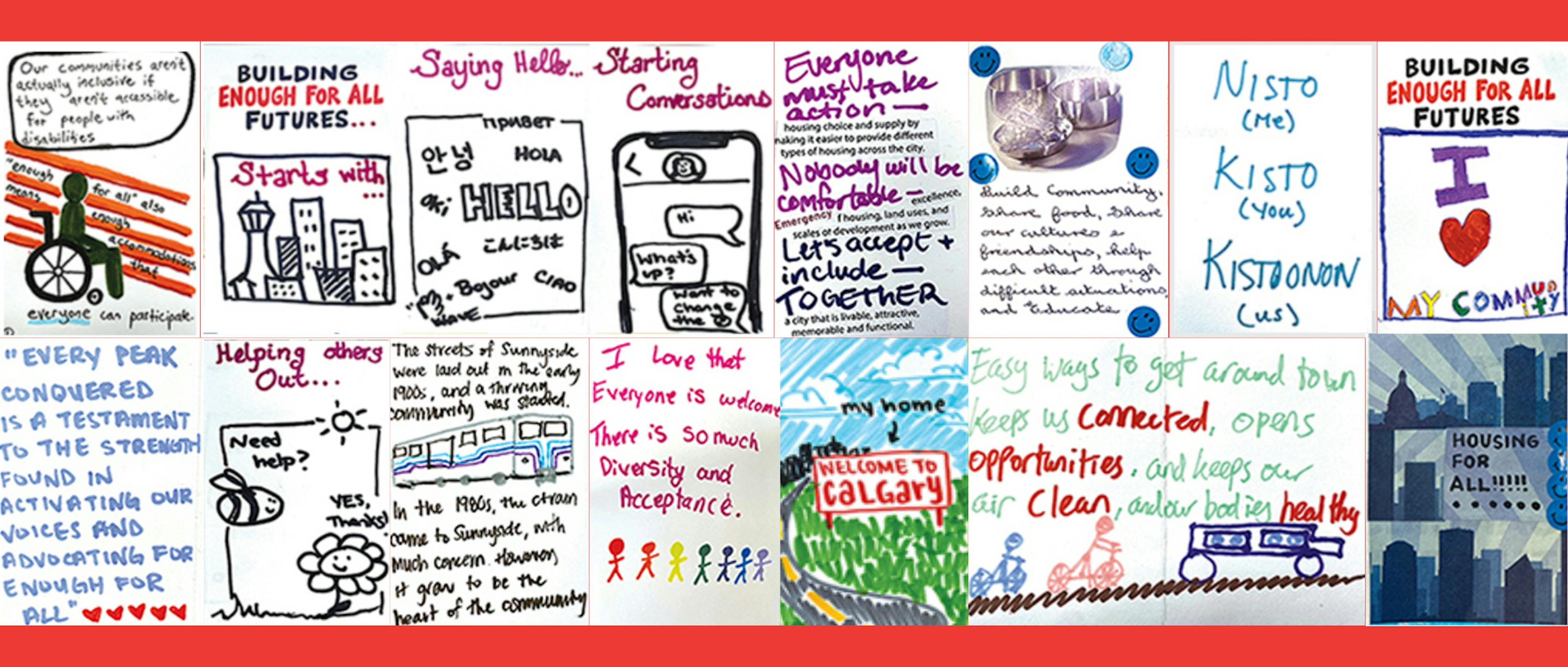 A collage of messages and drawings about community building, inclusivity, and cooperation, featuring hand-drawn illustrations, phrases, and diverse handwriting styles on colorful backgrounds.