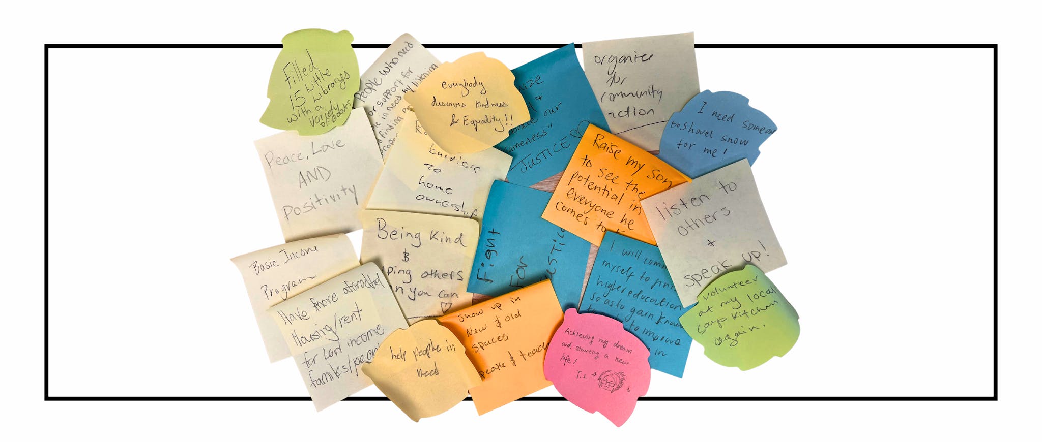 A collection of colorful sticky notes with various handwritten messages, including goals and personal reminders, arranged in a pile on a white background.