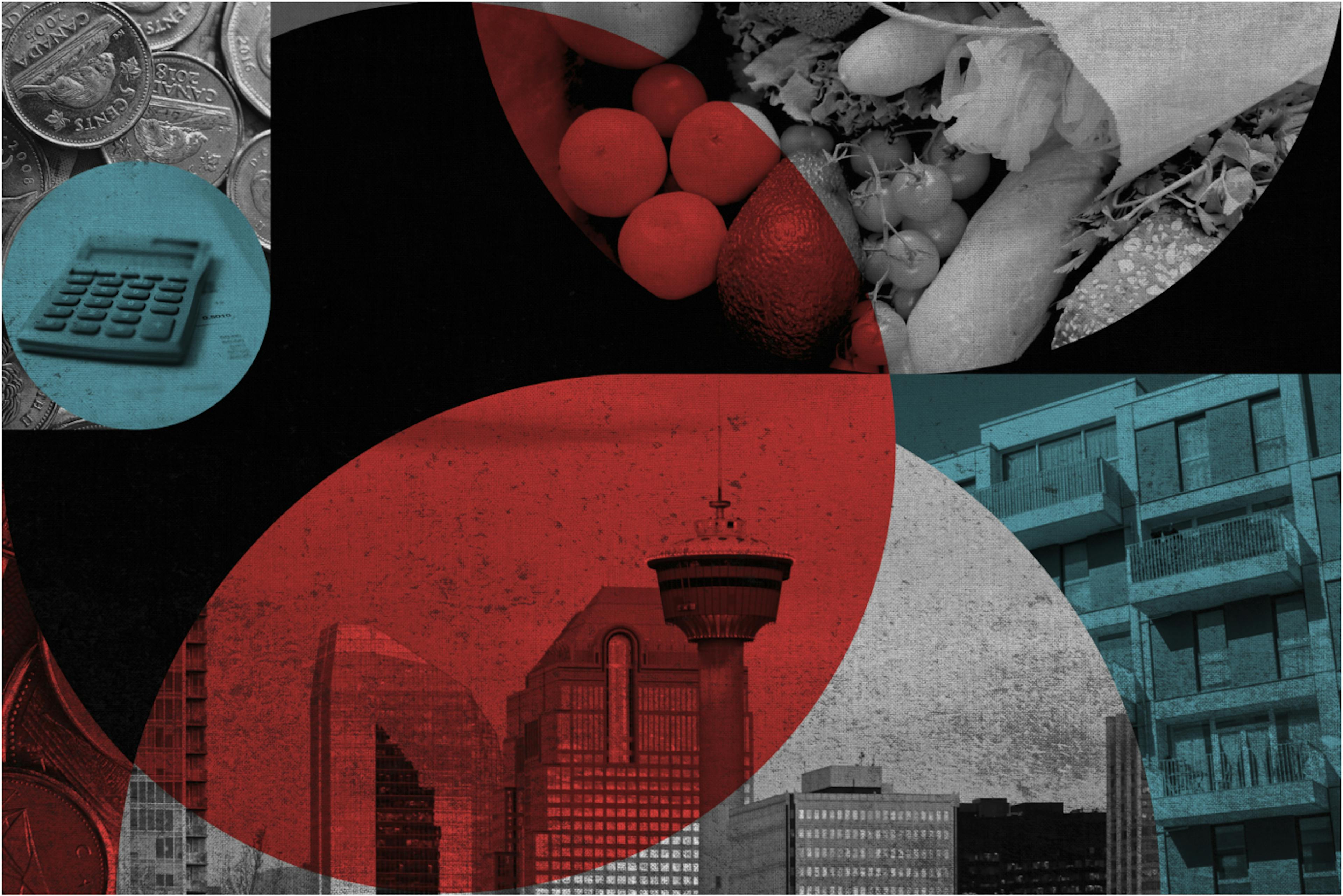 A collage of coins, groceries and apartments
