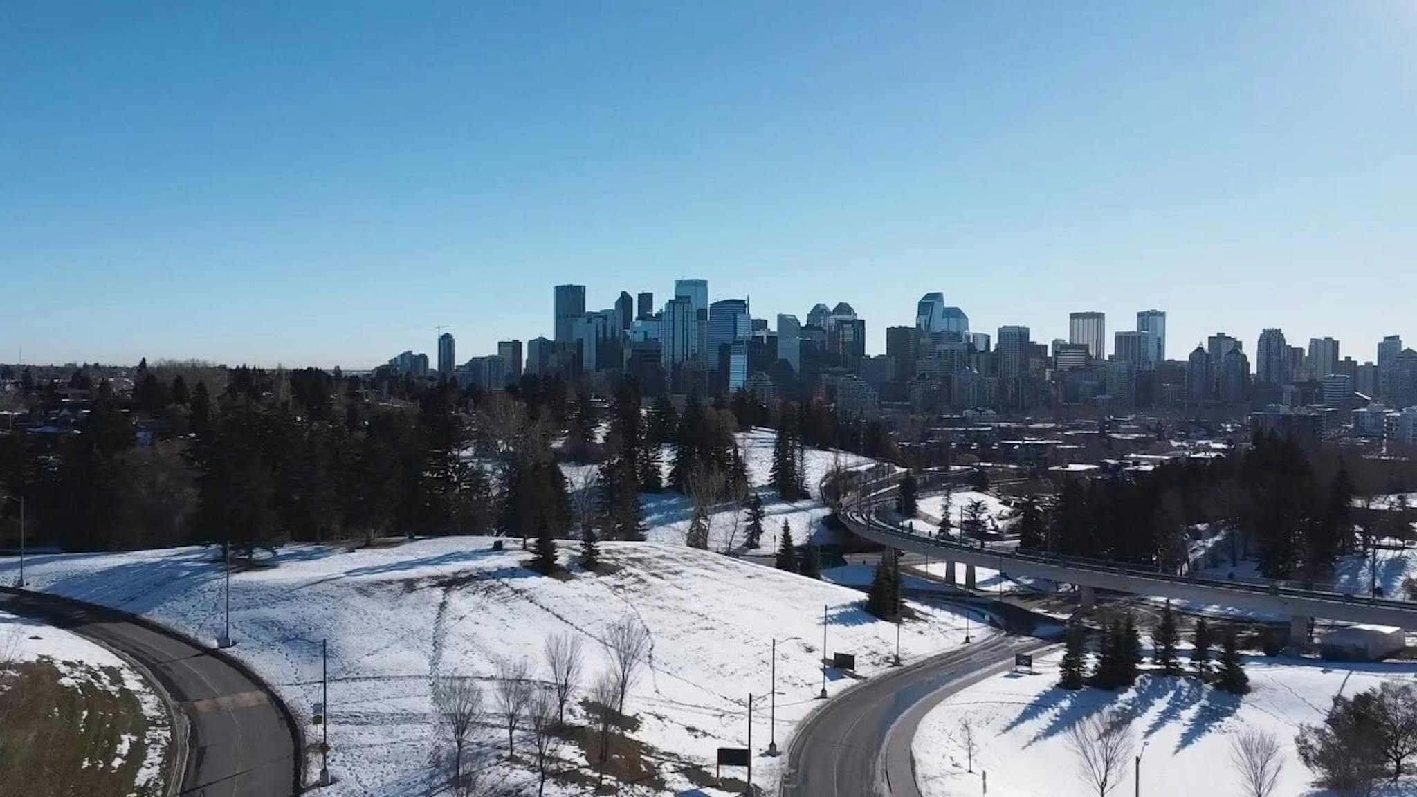 Calgary skyline from an aerial view during the winter.