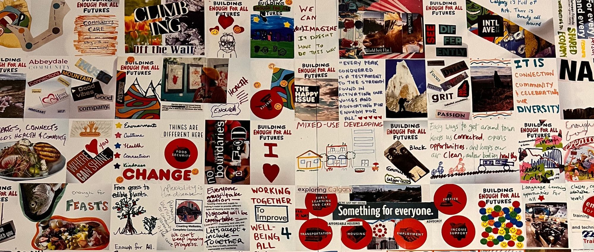 An image of a collection of community made zines that depict what individuals believe an Enough for All future looks like.