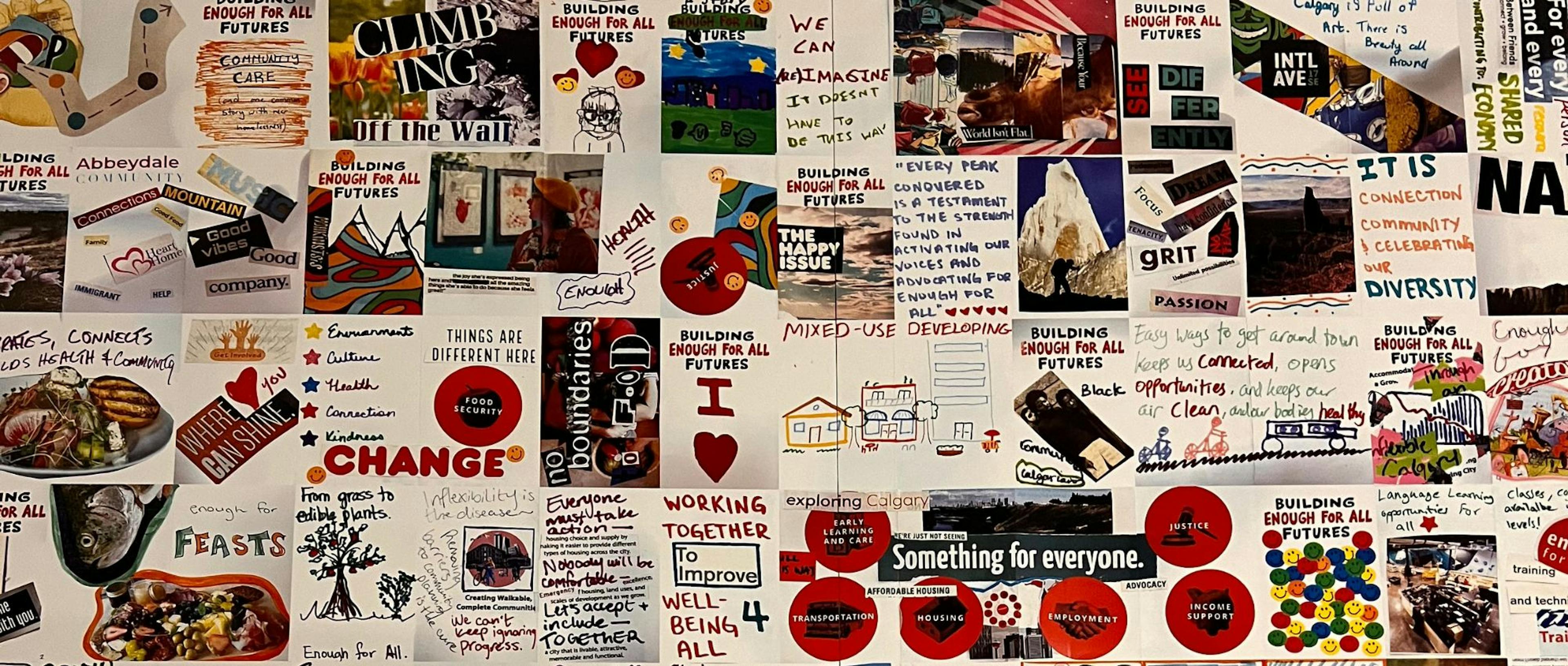 An image of a collection of community made zines that depict what individuals believe an Enough for All future looks like.