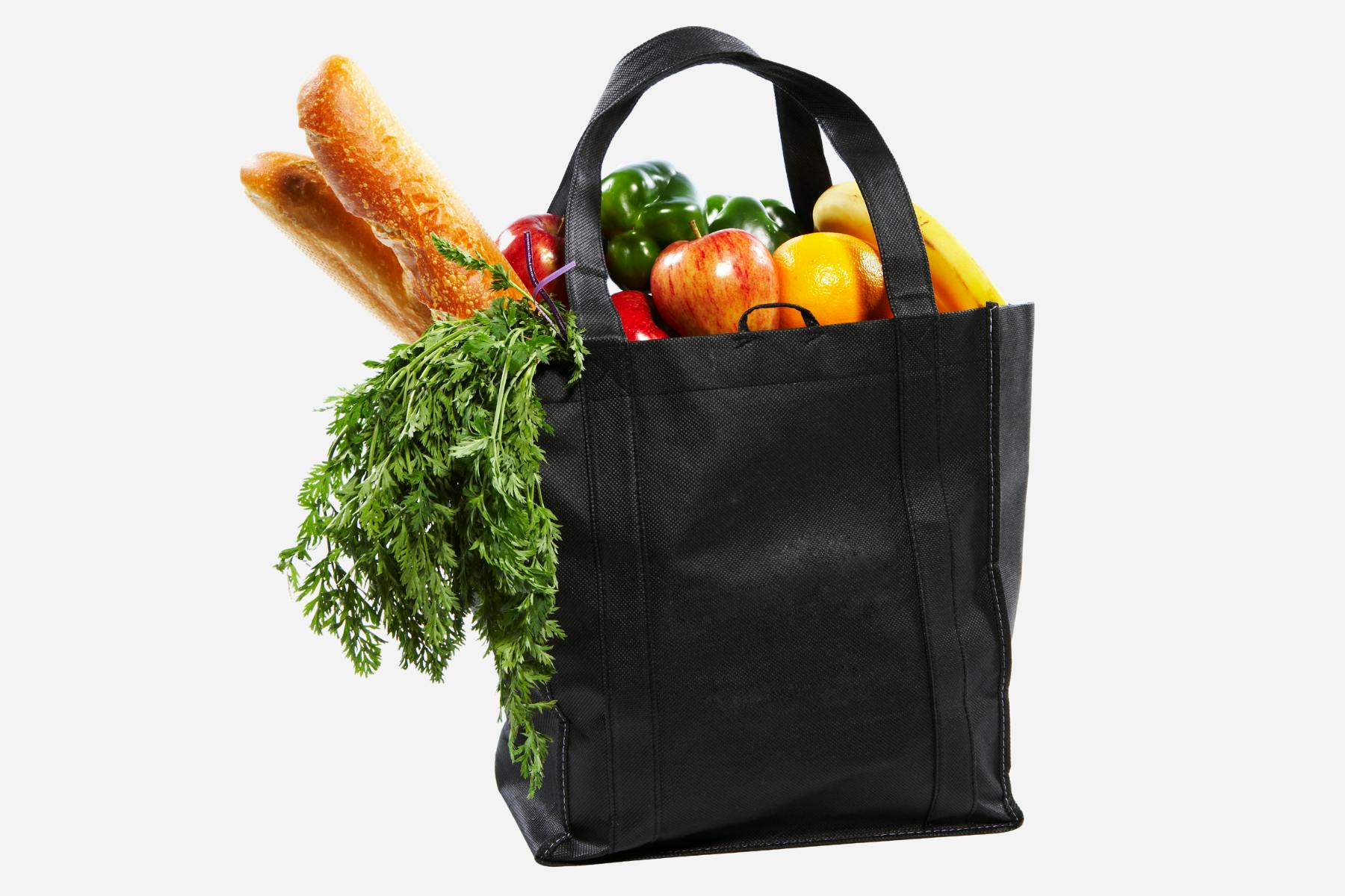 Reusable grocery bag full of food