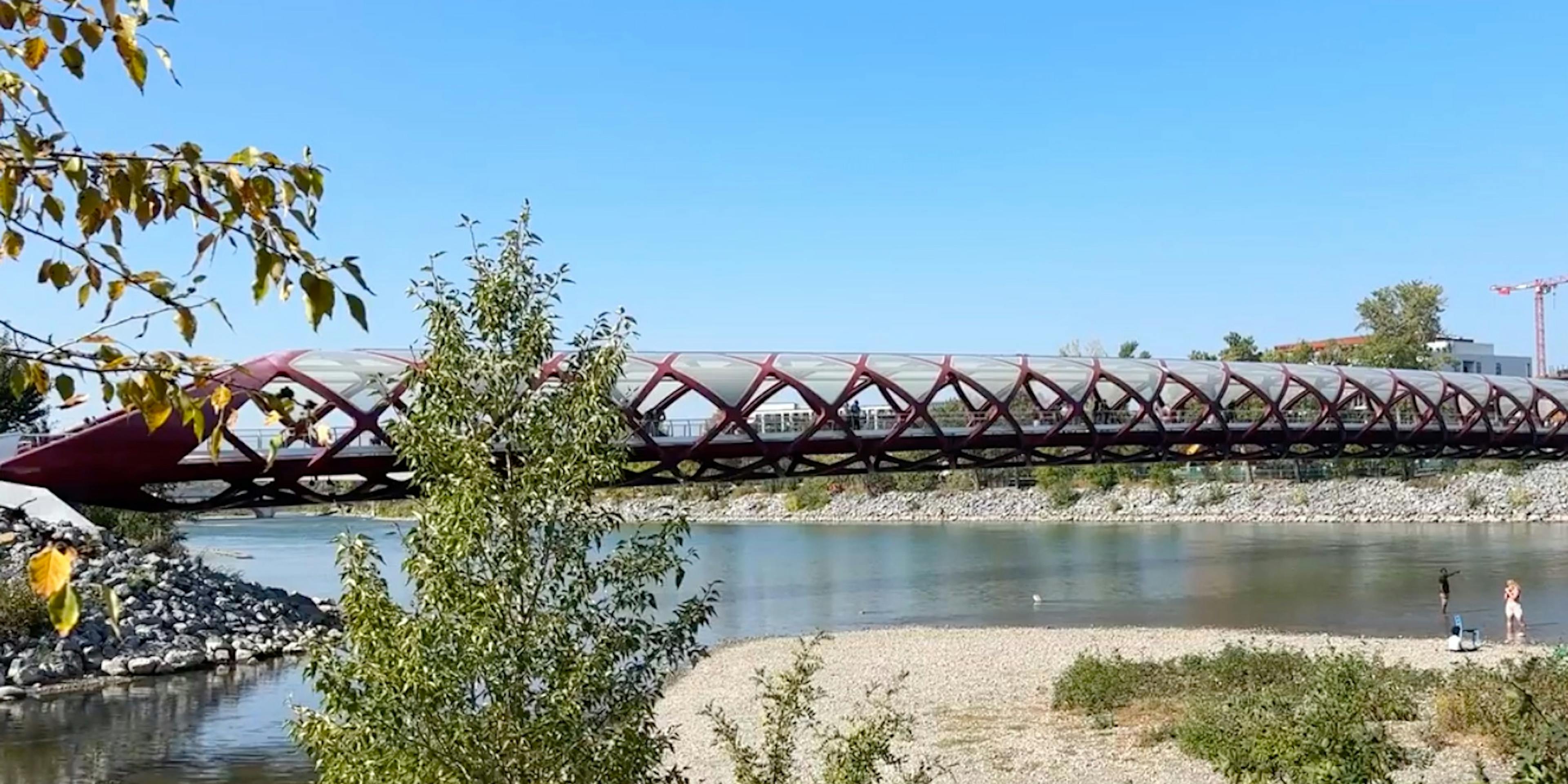 Calgary's Peace Bridge under a blue sky