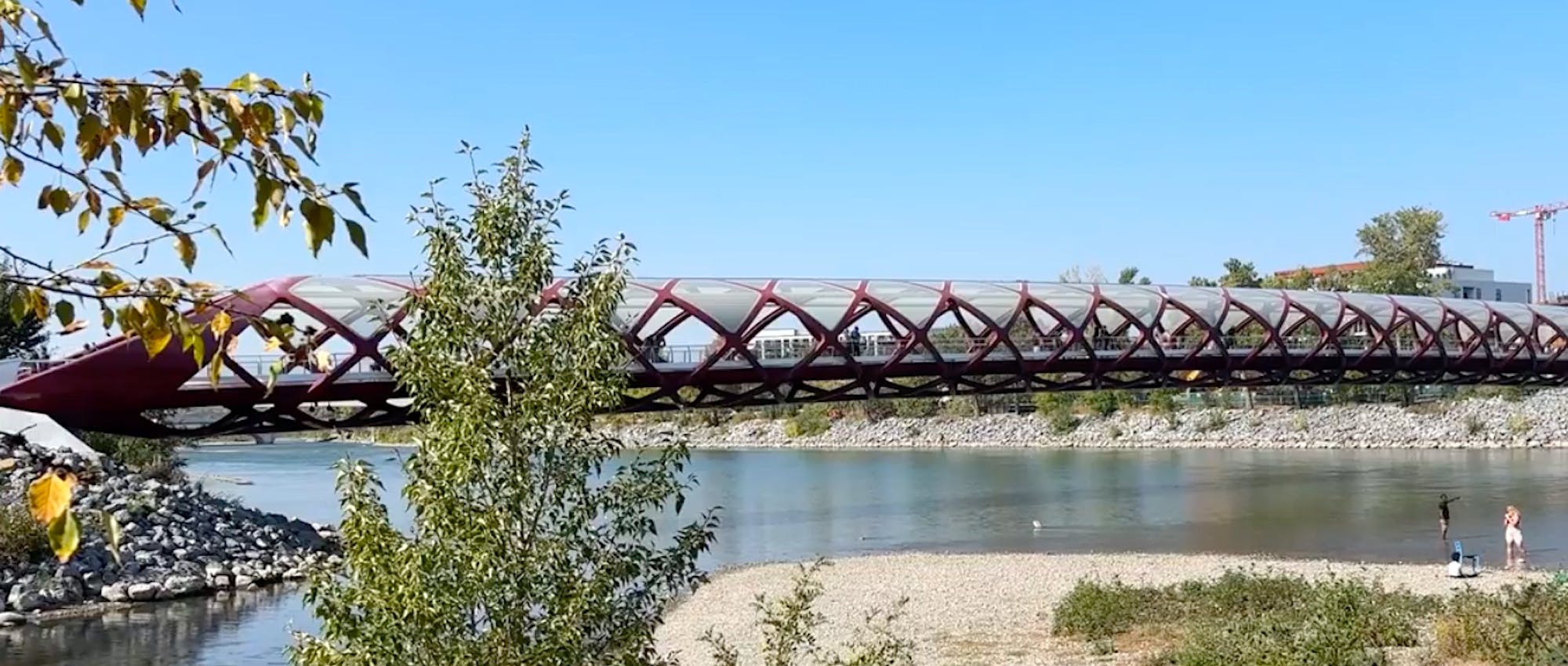 Calgary's Peace Bridge under a blue sky