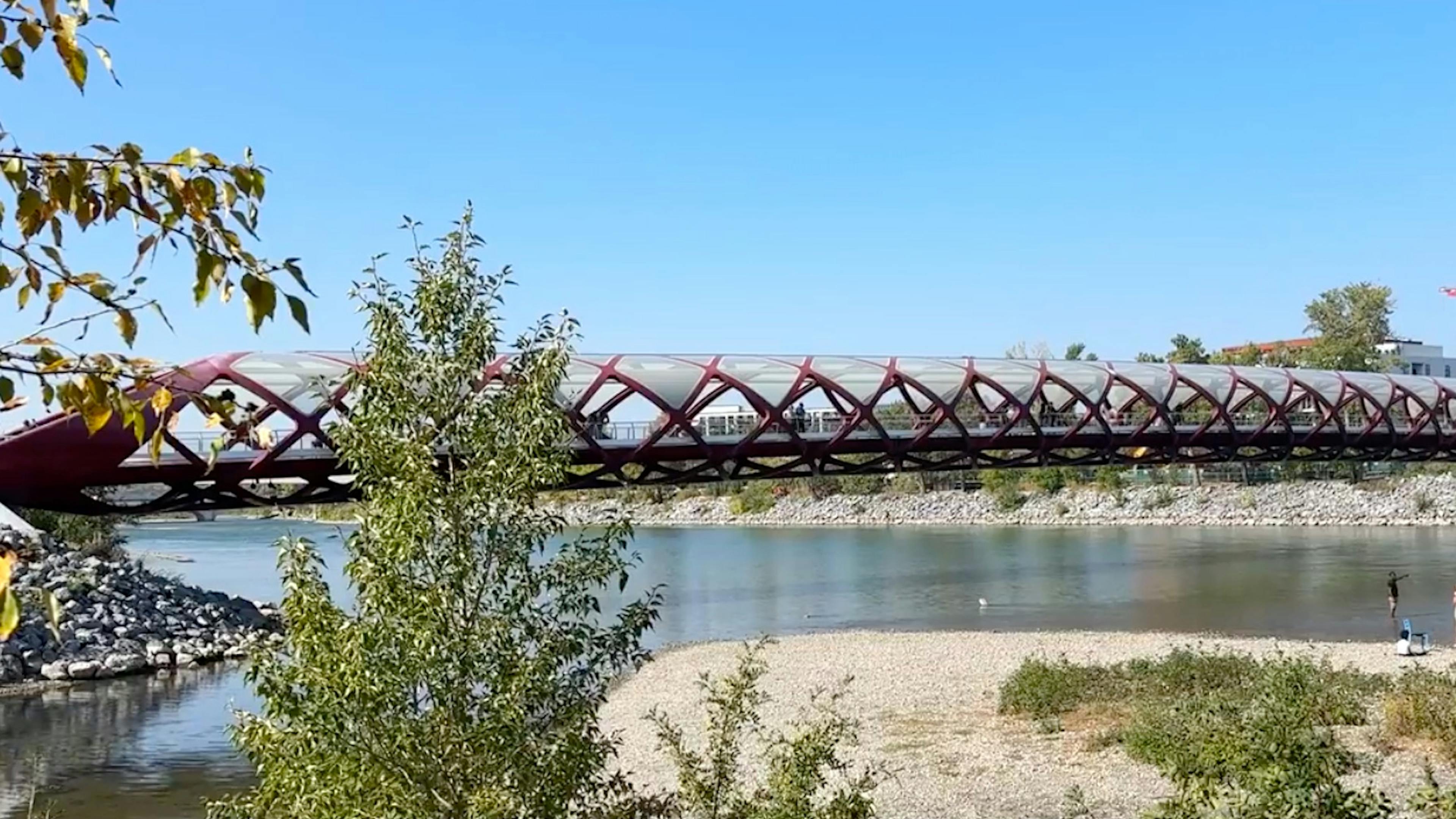 Calgary's Peace Bridge under a blue sky