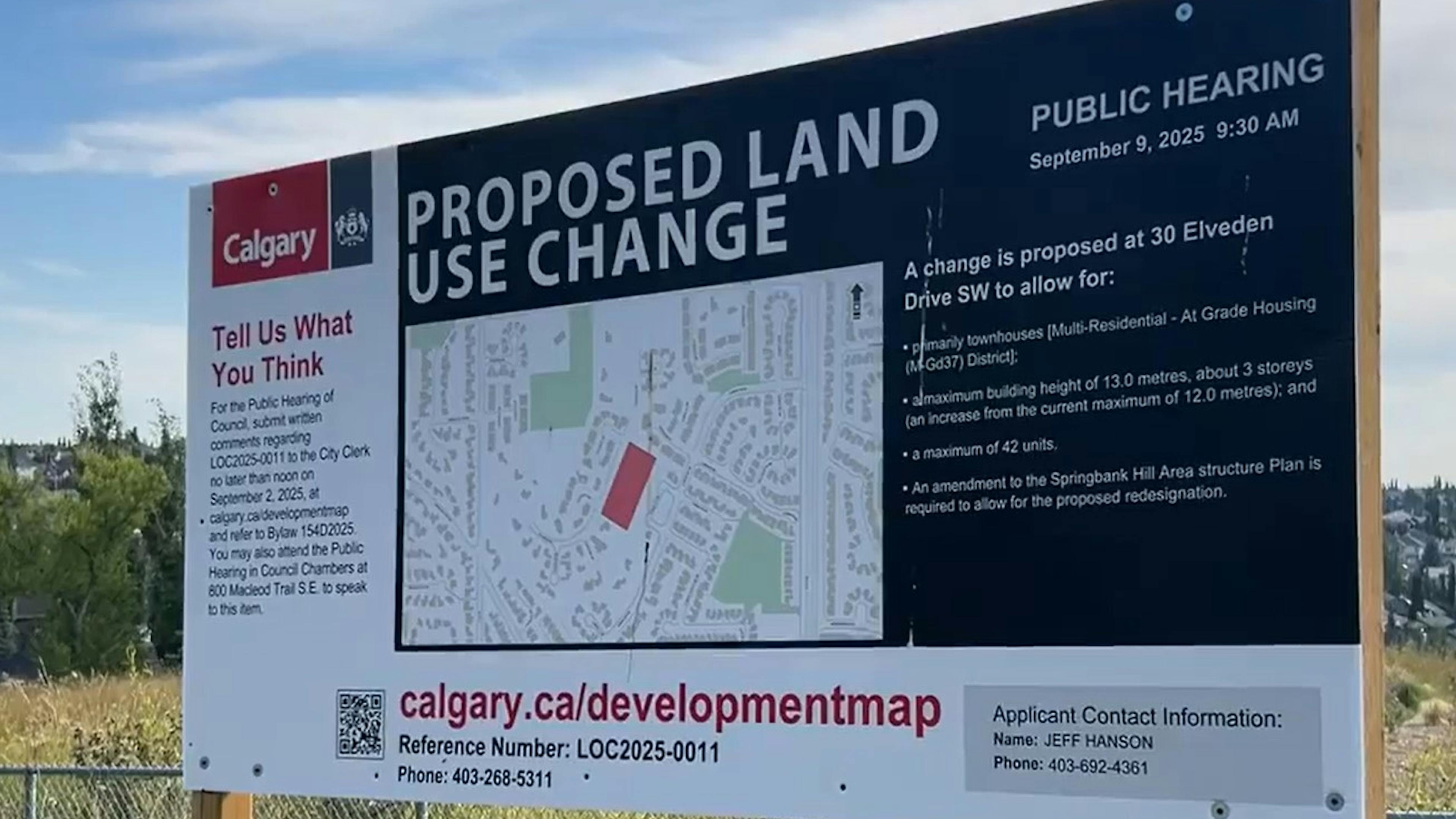 A sign at 30 Elveden Drive SW, the potential location of a new housing development Springbank Hill in southwest Calgary.