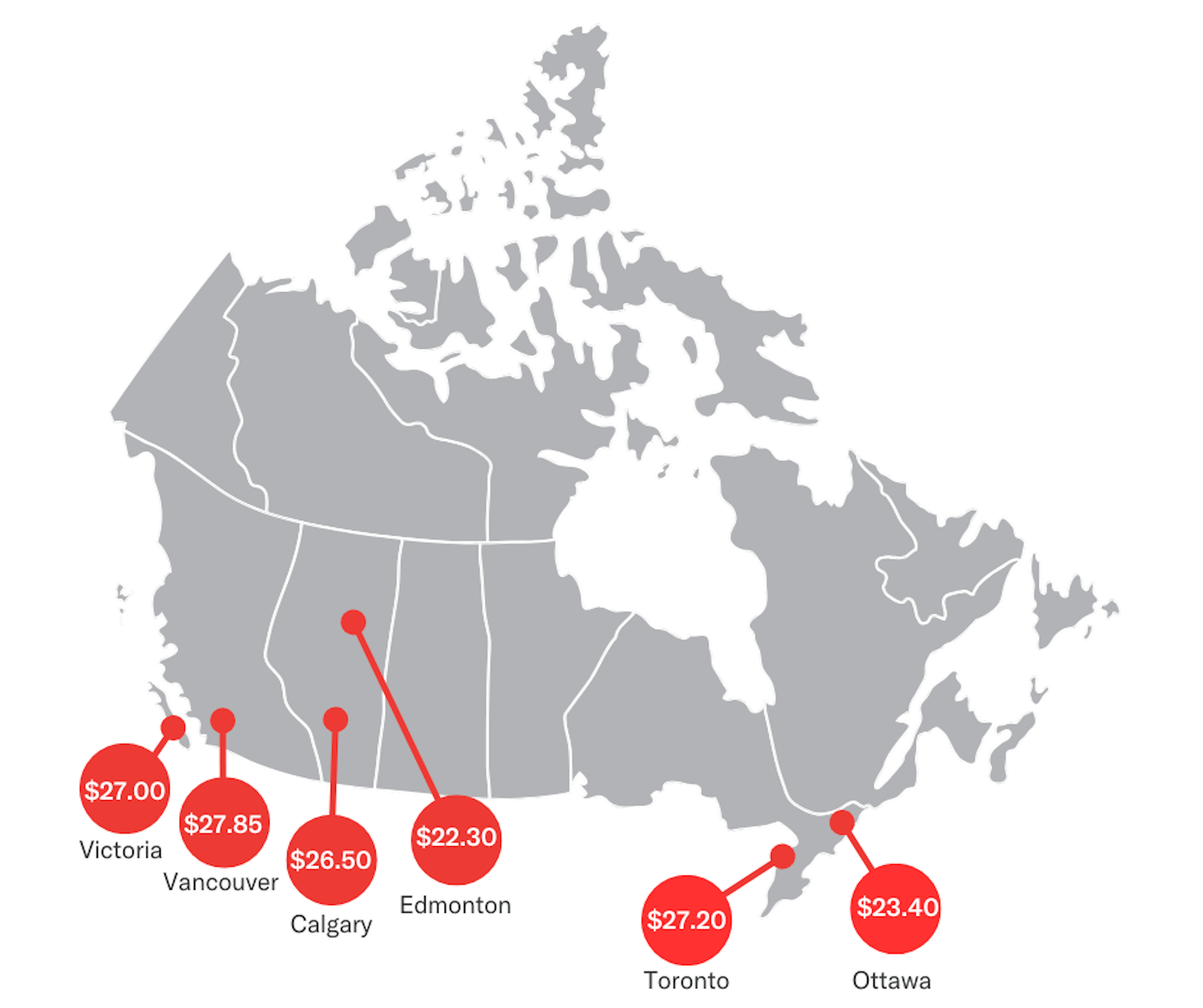 A map of Canada in light gray. The borders between each province and territory are in white. The living wages are shown for Victoria, Vancouver, Calgary, Edmonton, Toronto and Ottawa