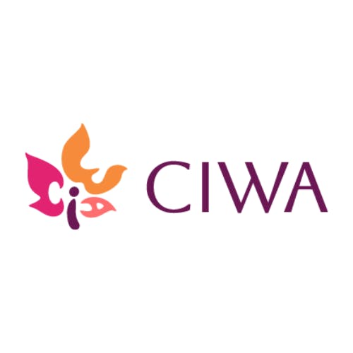 Canadian Immigrant Women's Association acronym logo. The letters CIWA are arranged to resemble a maple leaf. The I is the stem and the C, W and A are separate leaves.