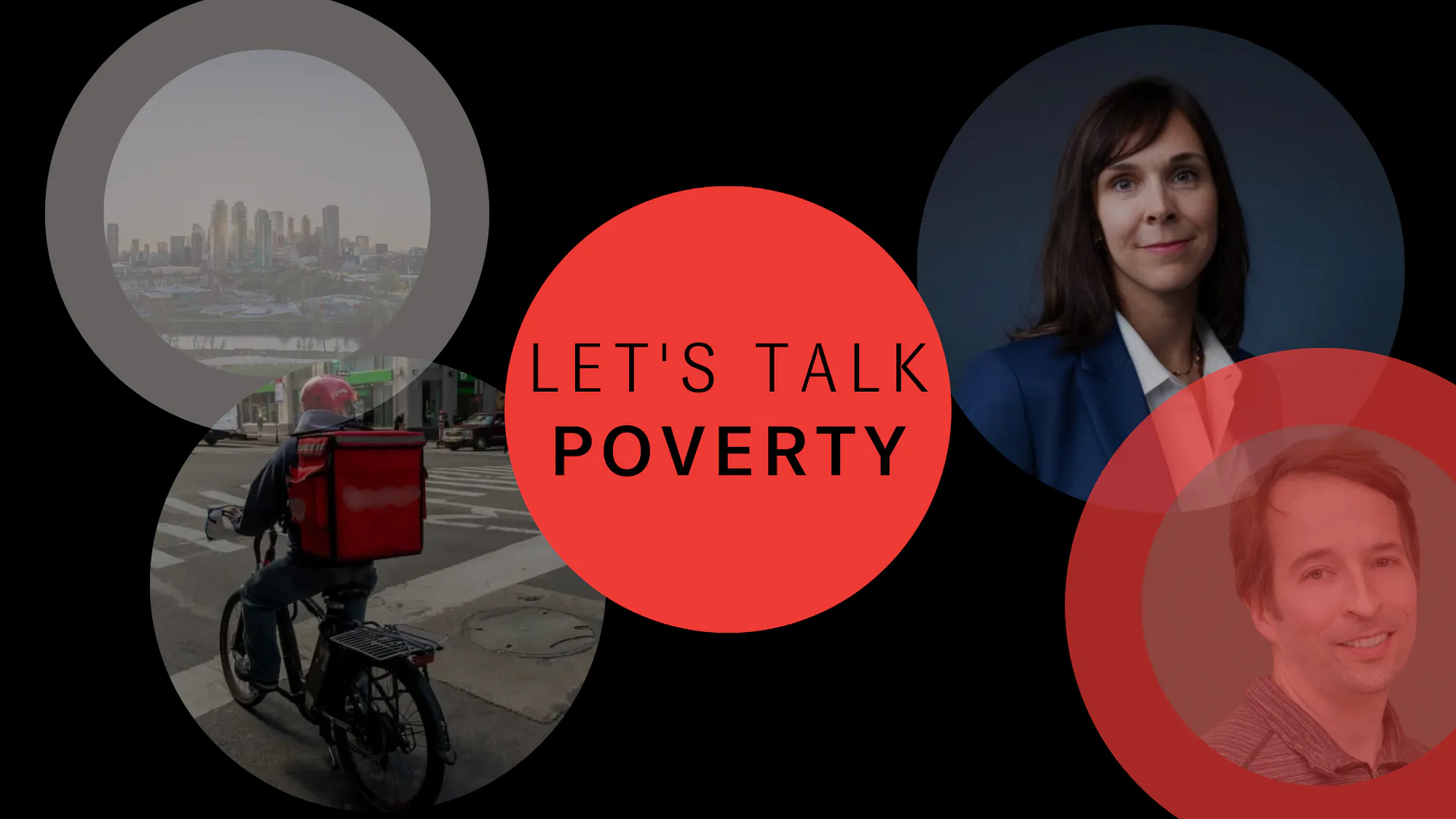 Let's Talk Poverty is in black text in a red circle in the centre. Around it are headshots of Courtney Mo, Dr. Andrew McGee, a food delivery driver on a bike, and the Calgary skyline.