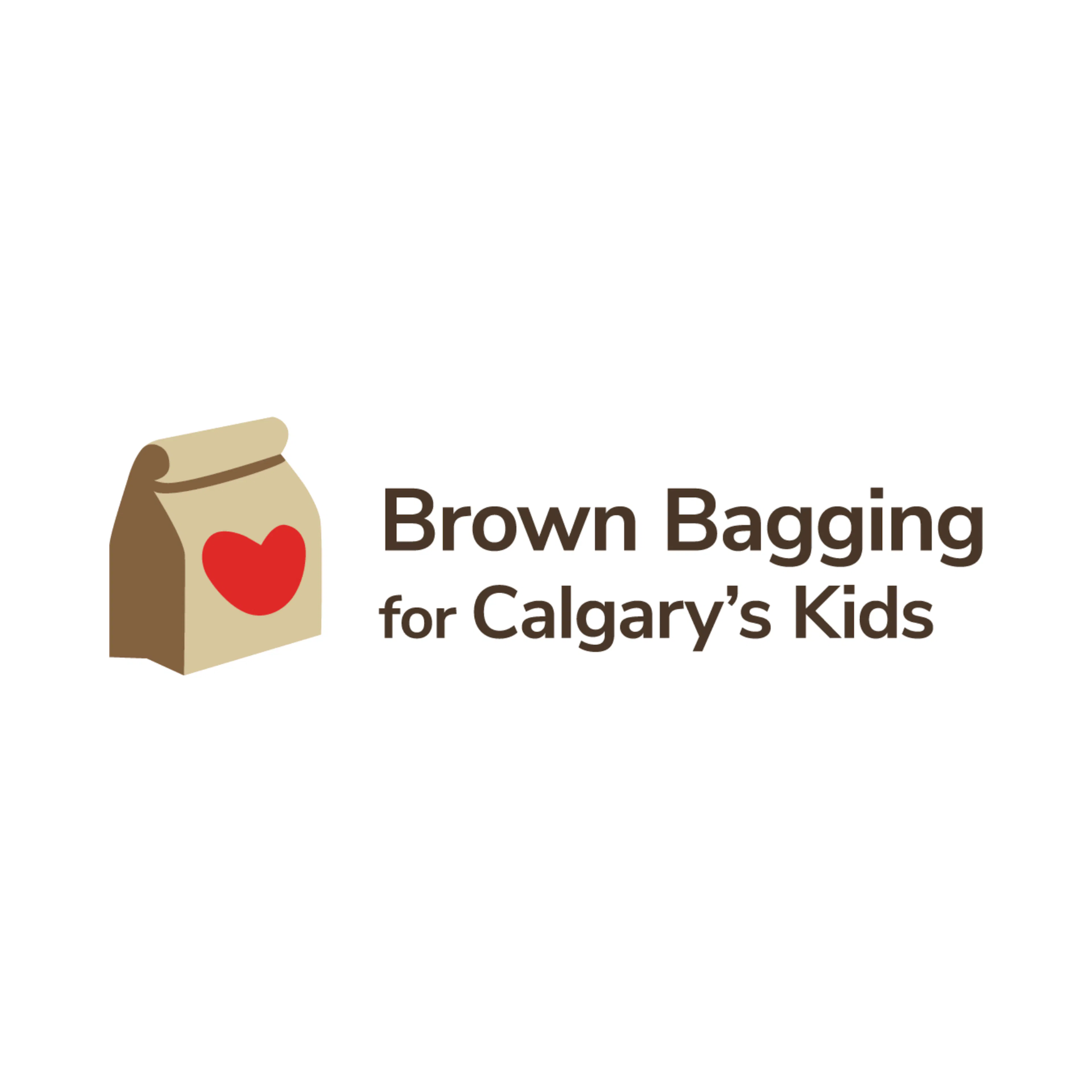 A brown paper bag rolled up at the top with a red heart on the center. To the right of it is the text, "Brown Bagging for Calgary's Kids."