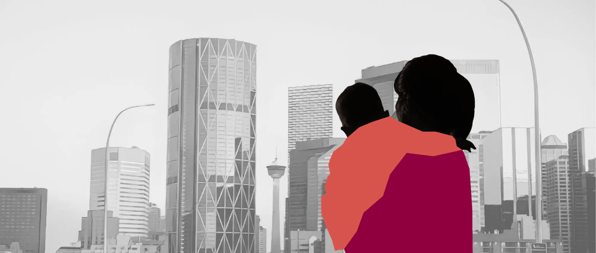 A black and white imag of the Calgary skyline featuring the bow building. A silhouette of a woman holding a child with their backs to their camera are at the foreground, looking at the skyline.
