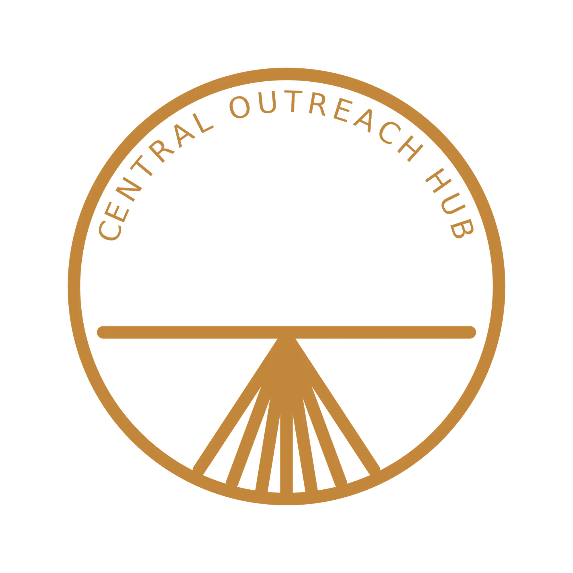 A hollow, bronze-outlined circle with the text Central Outreach Hub inside at the top of the circle.