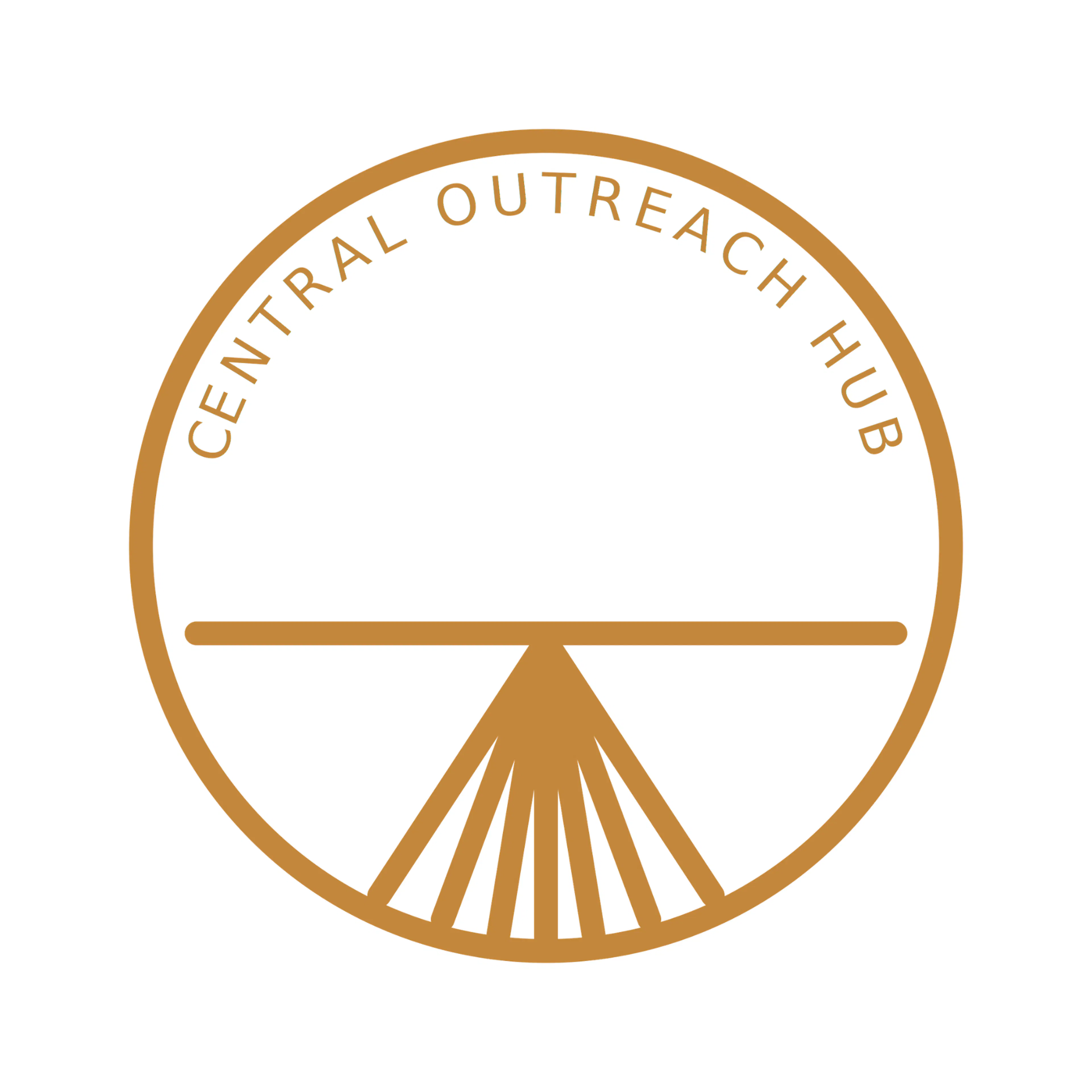 A hollow, bronze-outlined circle with the text Central Outreach Hub inside at the top of the circle. 
