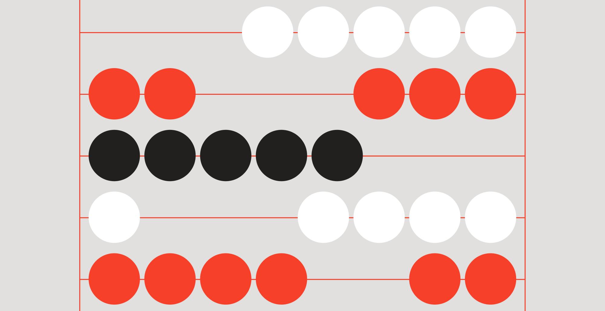 A vector representation of an abacus with white, red, and black beads.