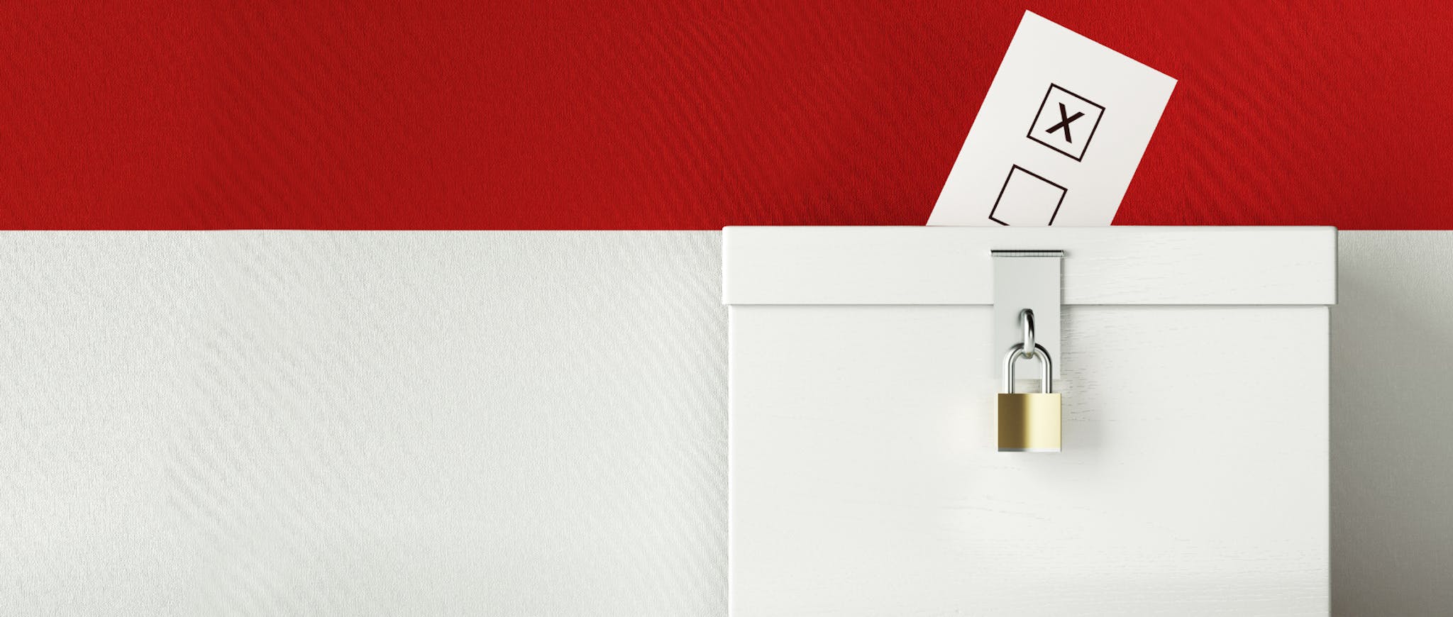 white locked election box with a checked ballot against a red and white background