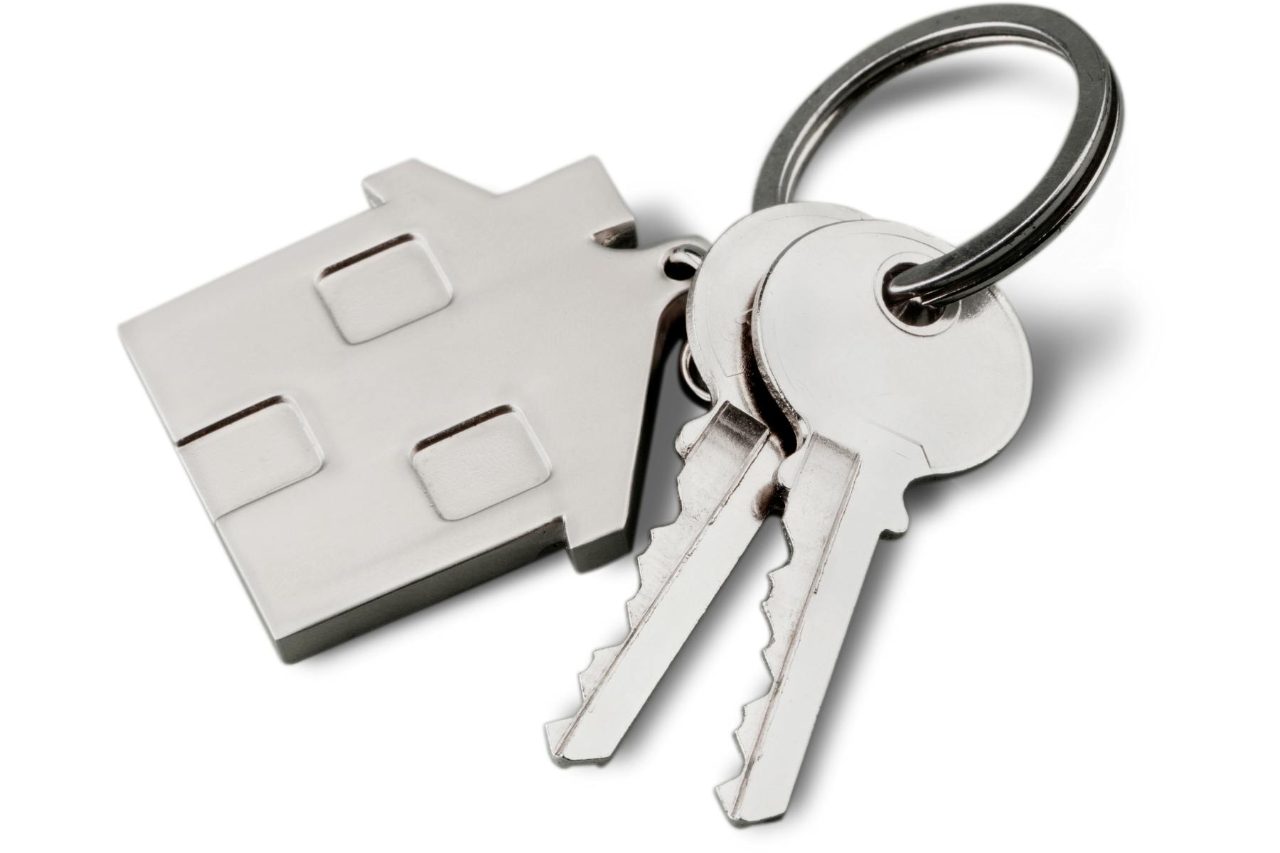 Two keys on a silver key chain shaped like a house.