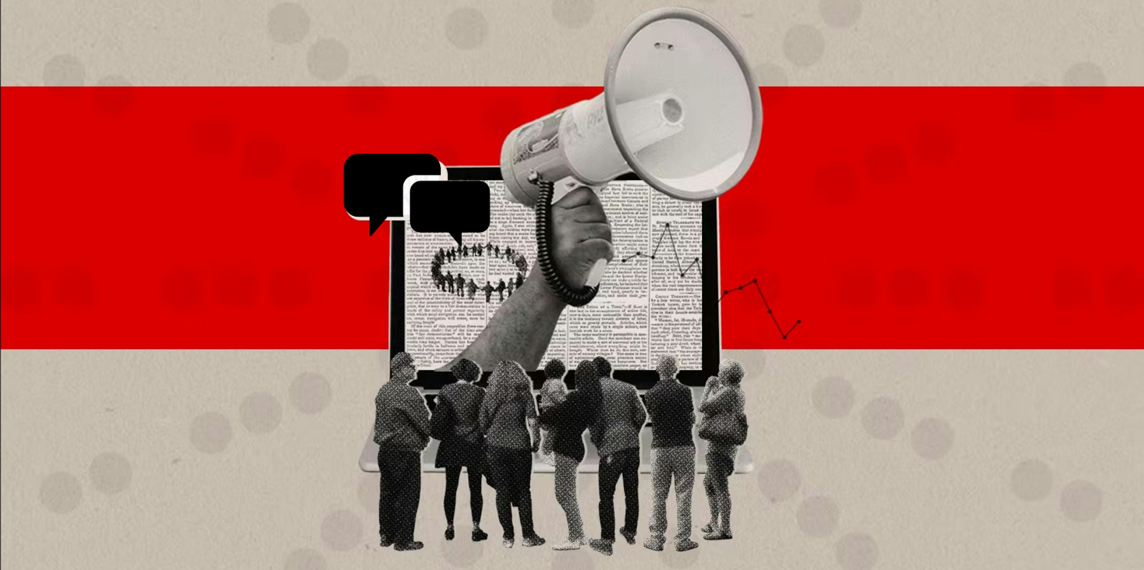 People gathered looking at a computer screen with and hand popping out holding a megaphone.