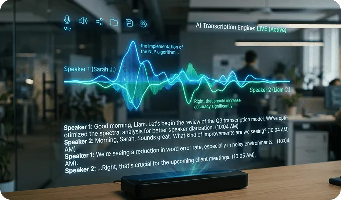 A sleek, holographic AI transcription interface projecting a vibrant blue and green waveform with real-time scrolling text in a modern, blurred office setting.