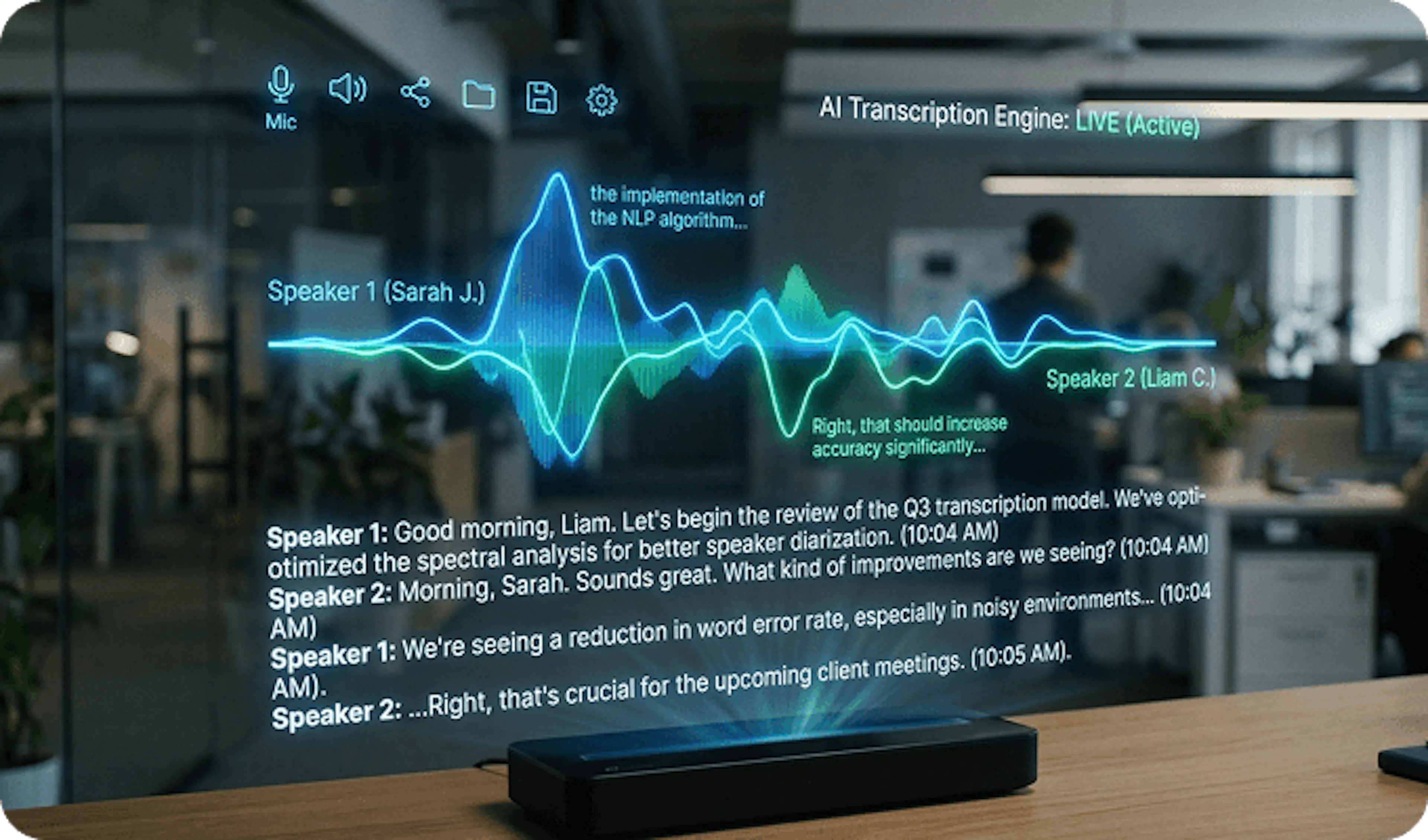 A sleek, holographic AI transcription interface projecting a vibrant blue and green waveform with real-time scrolling text in a modern, blurred office setting.