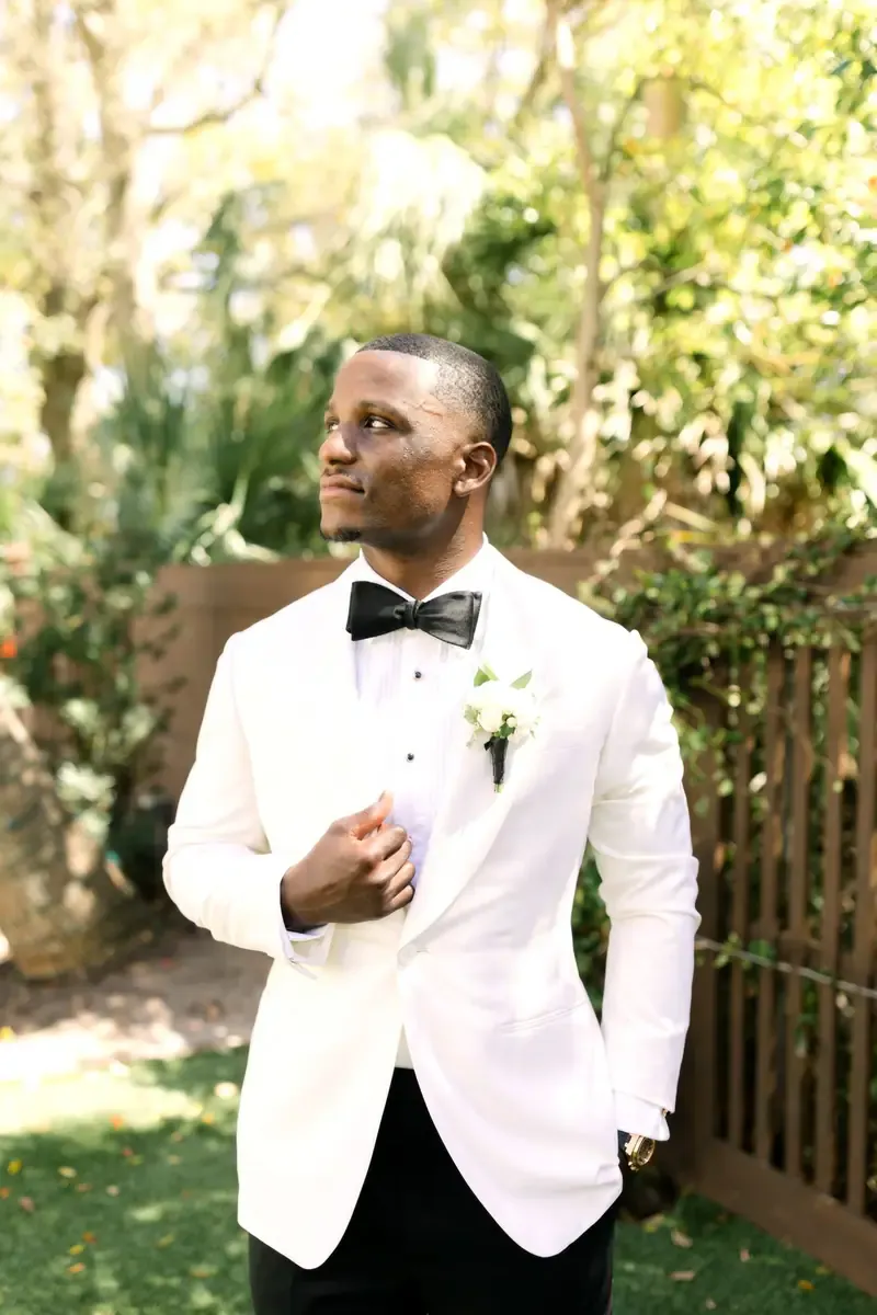 Jeremy Reaves in his custom white Enzo Custom dinner jacket, portrait