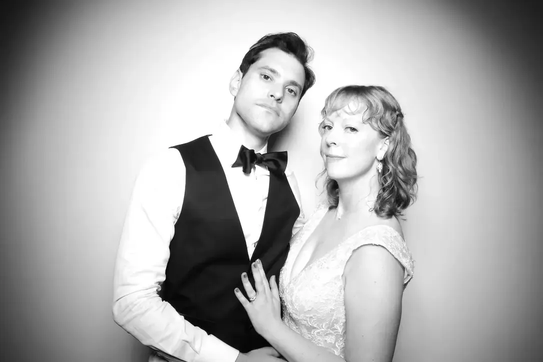 Ryan and Caroline, black and white portrait at the photo booth