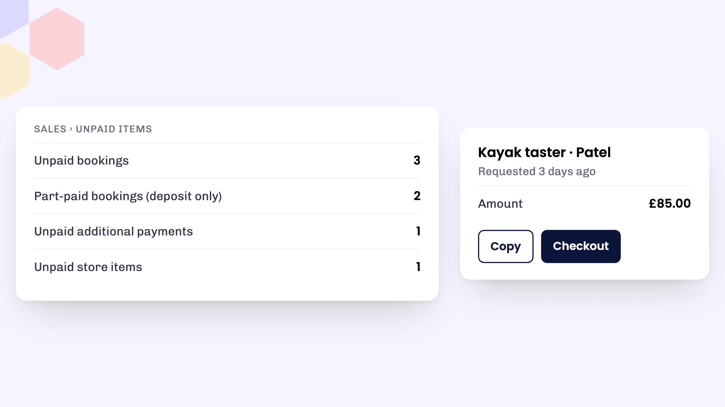 The Unpaid items page in eola with its four sections and the Copy and Checkout options