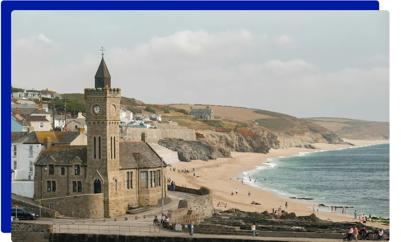 The clock tower and beach at Porthleven