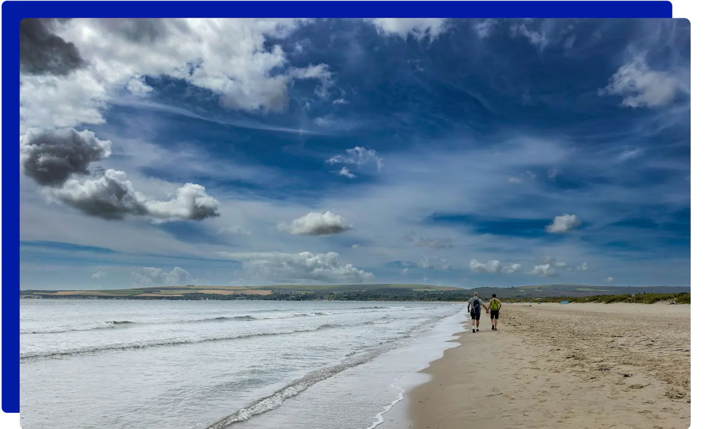 Walkers on the shoreline of Studland Beach