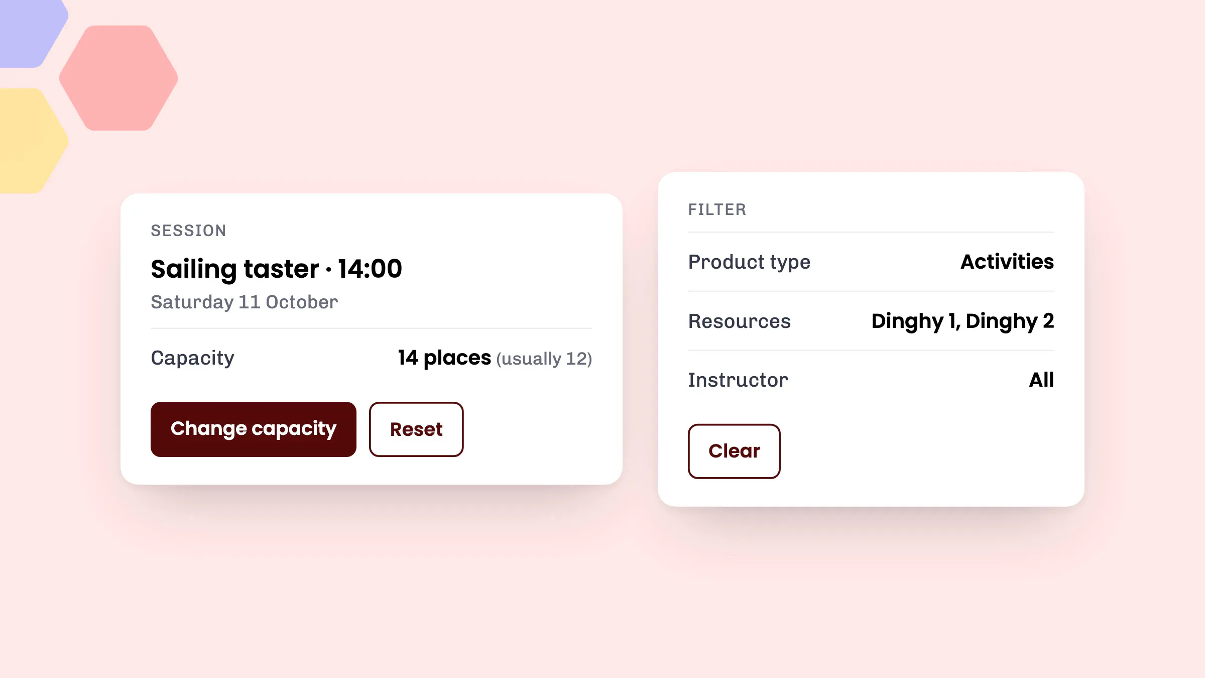 A session with a changed capacity and the calendar filters in eola