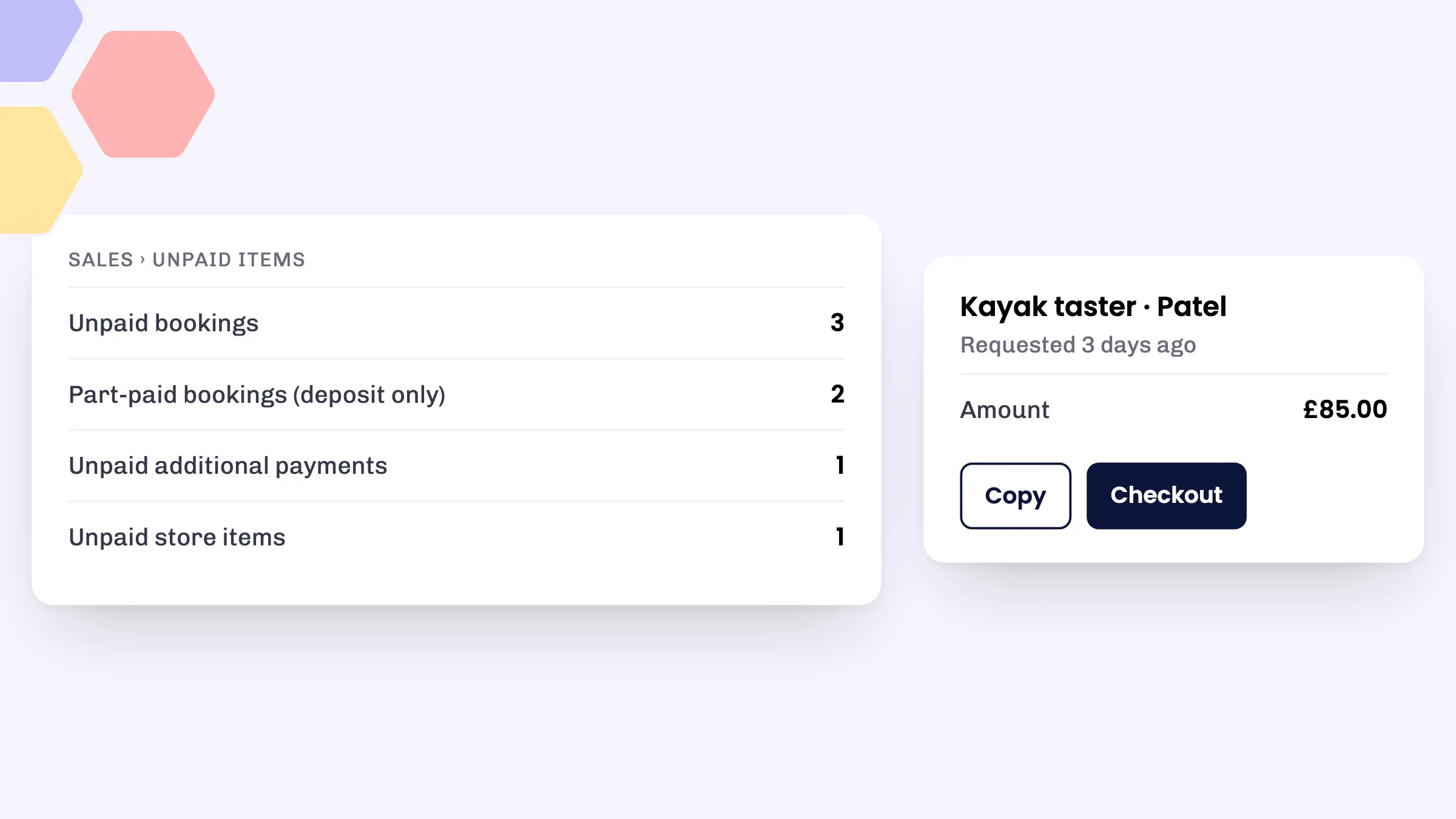 The Unpaid items page in eola with its four sections and the Copy and Checkout options