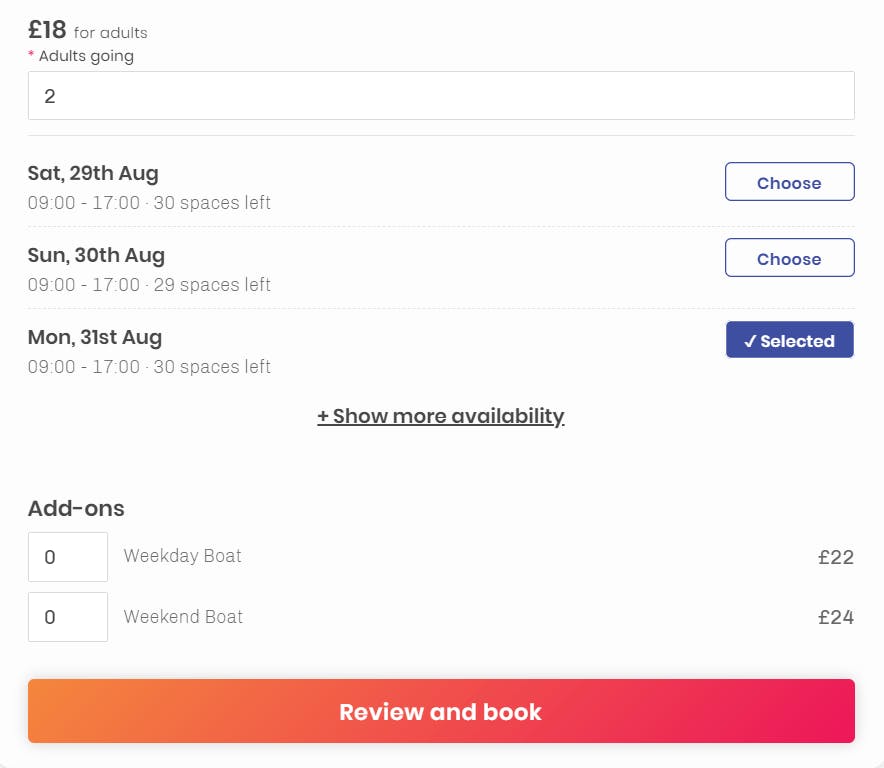 Activity bookings view